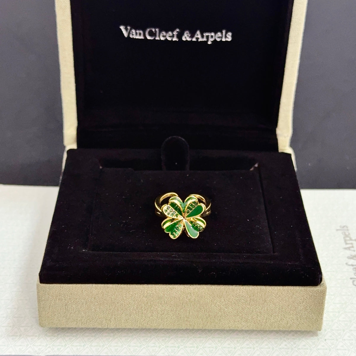 gold crystal clover Ring for women - product detail view