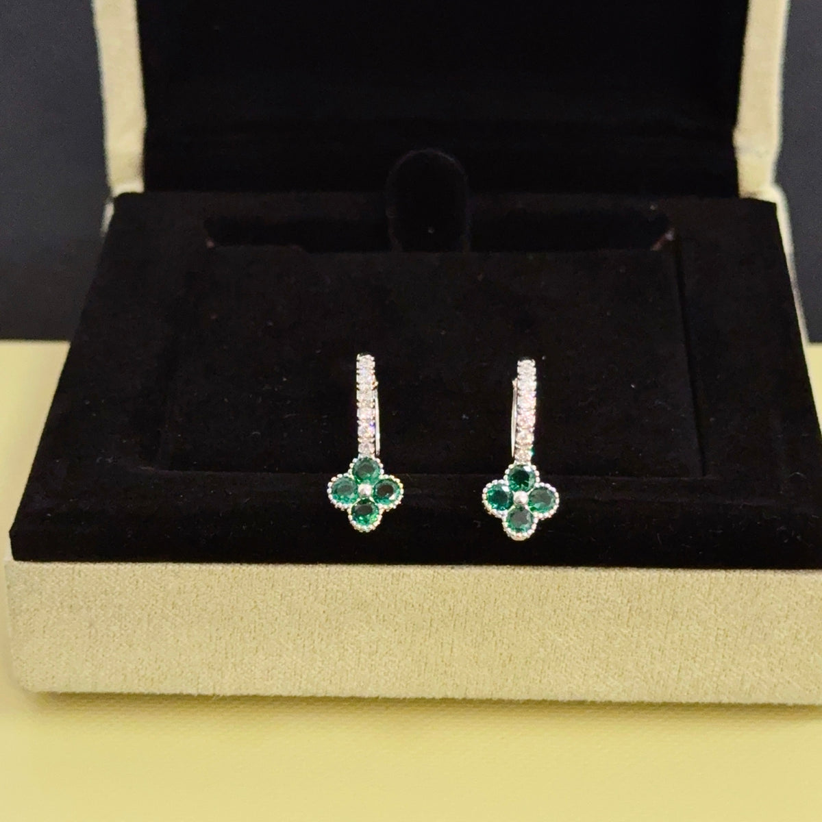 gold crystal clover Drop Earrings for women - product detail view
