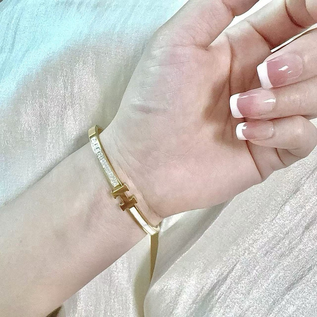 white mother of pearl crystal inlaid Bangle for women - product detail view
