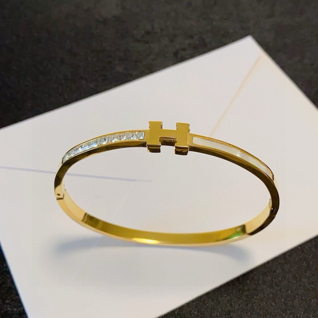 white mother of pearl crystal inlaid Bangle for women - alternate angle view 9