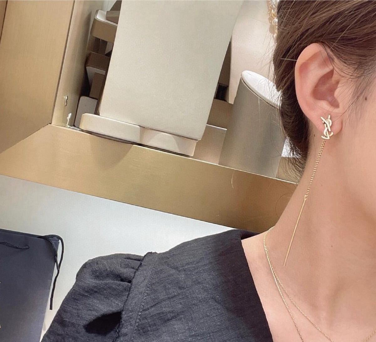 yellow brass elegant Stud Earrings for women - alternate angle view 3