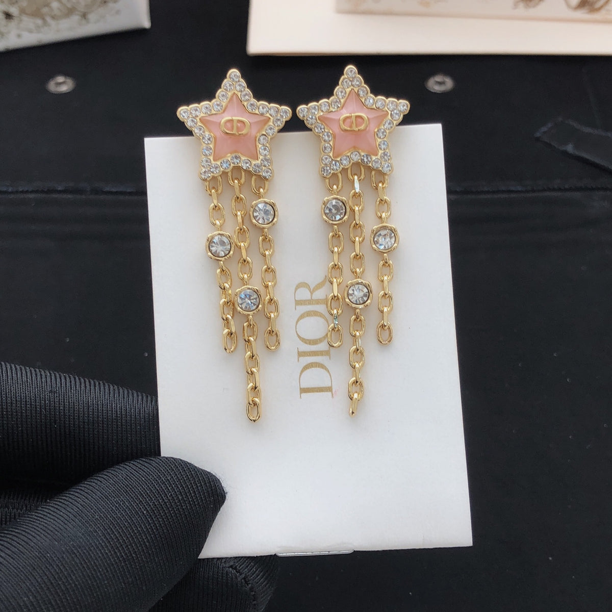 pink brass tassel Stud Earrings for women - alternate angle view 2