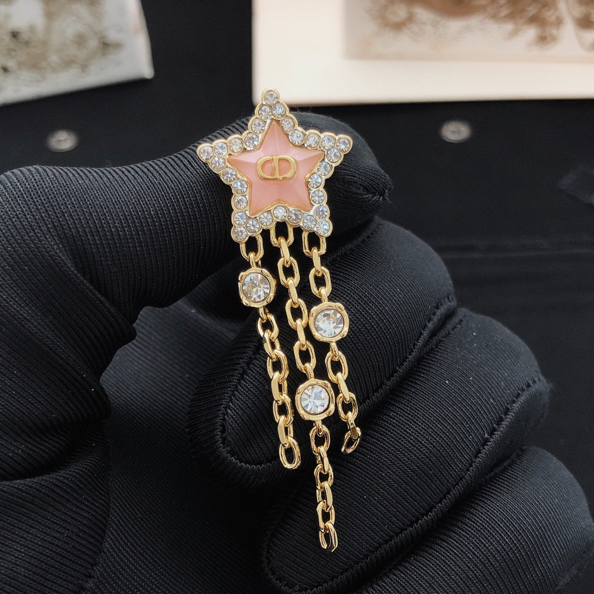pink brass tassel Stud Earrings for women - alternate angle view 4