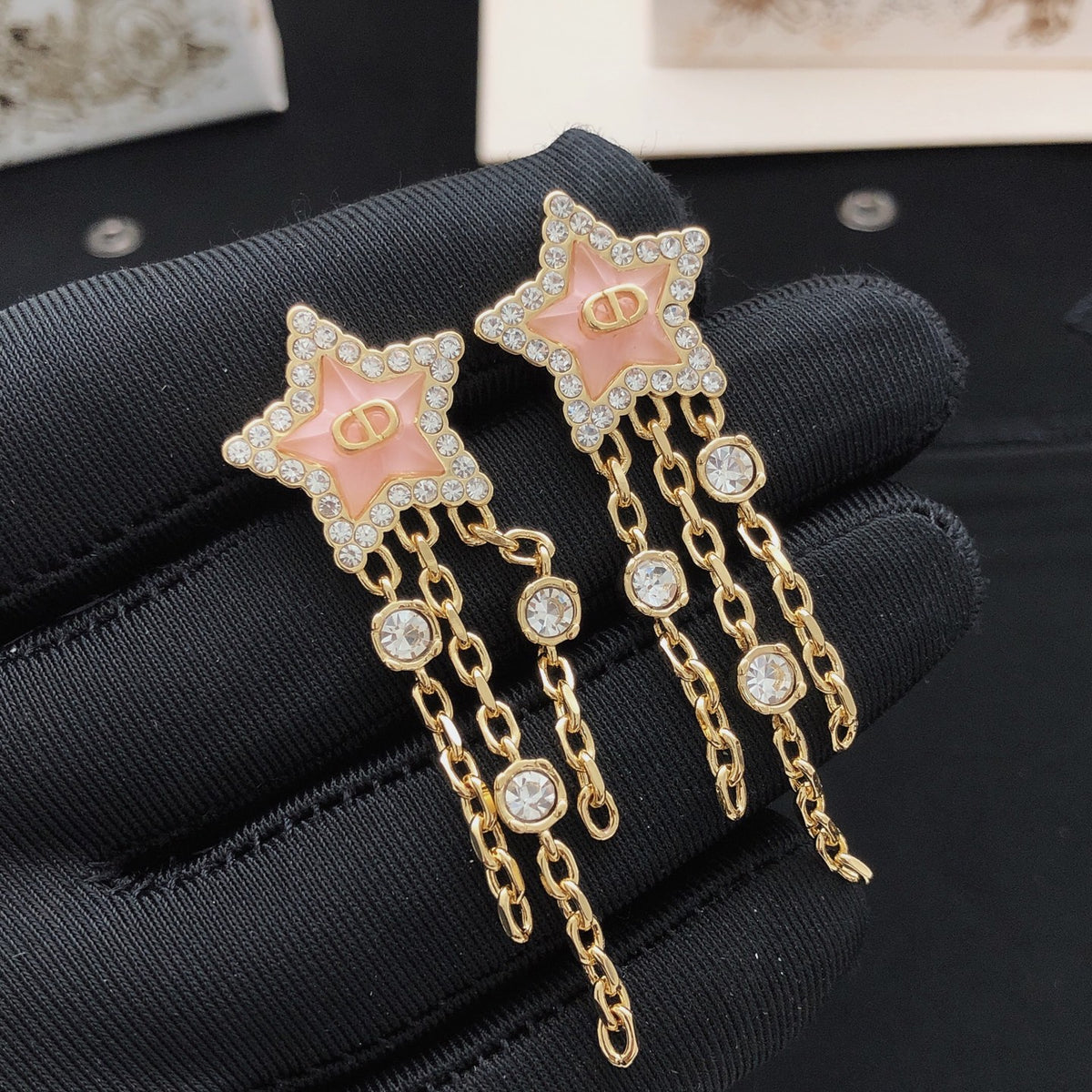 pink brass tassel Stud Earrings for women - alternate angle view 3