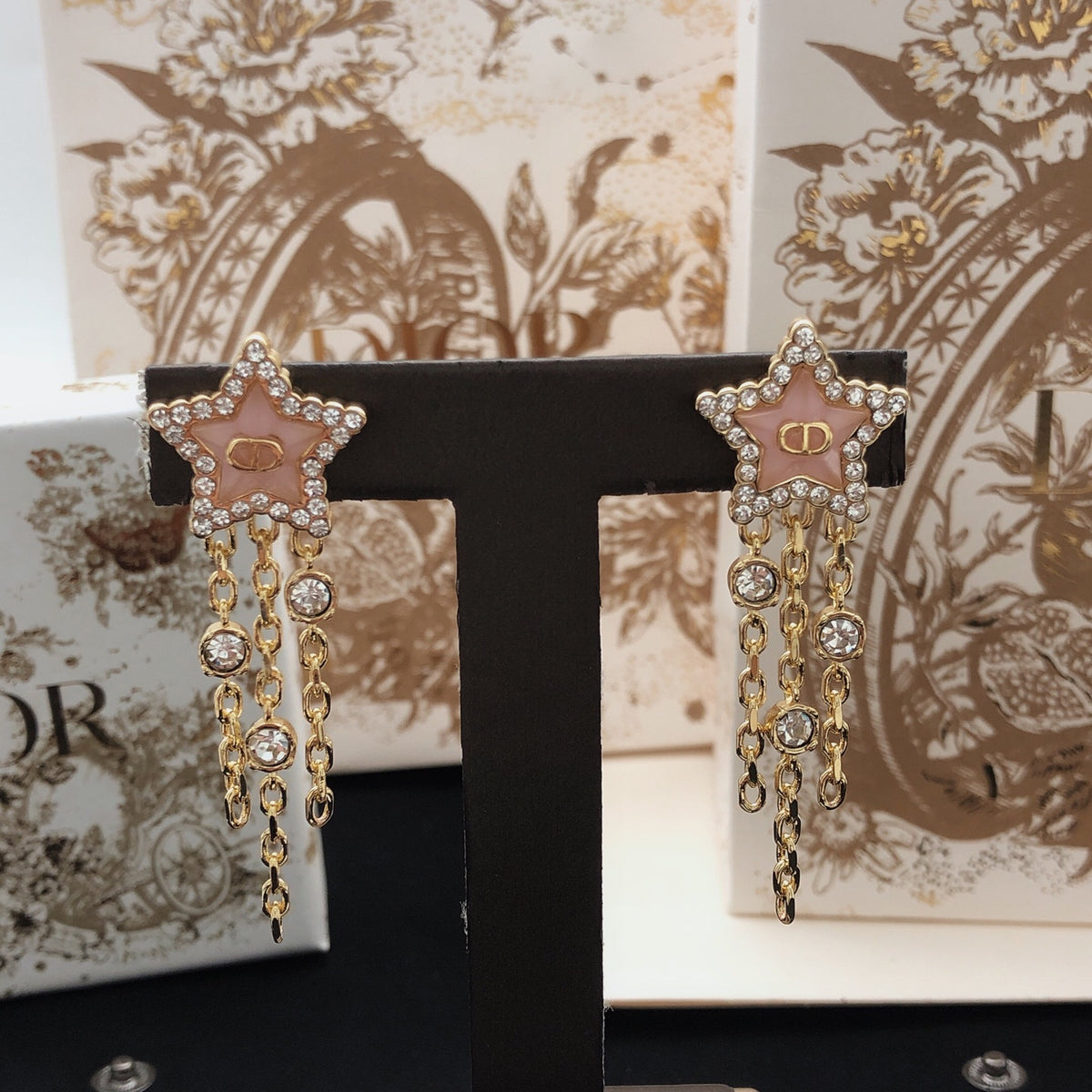 pink brass tassel Stud Earrings for women - alternate angle view 5