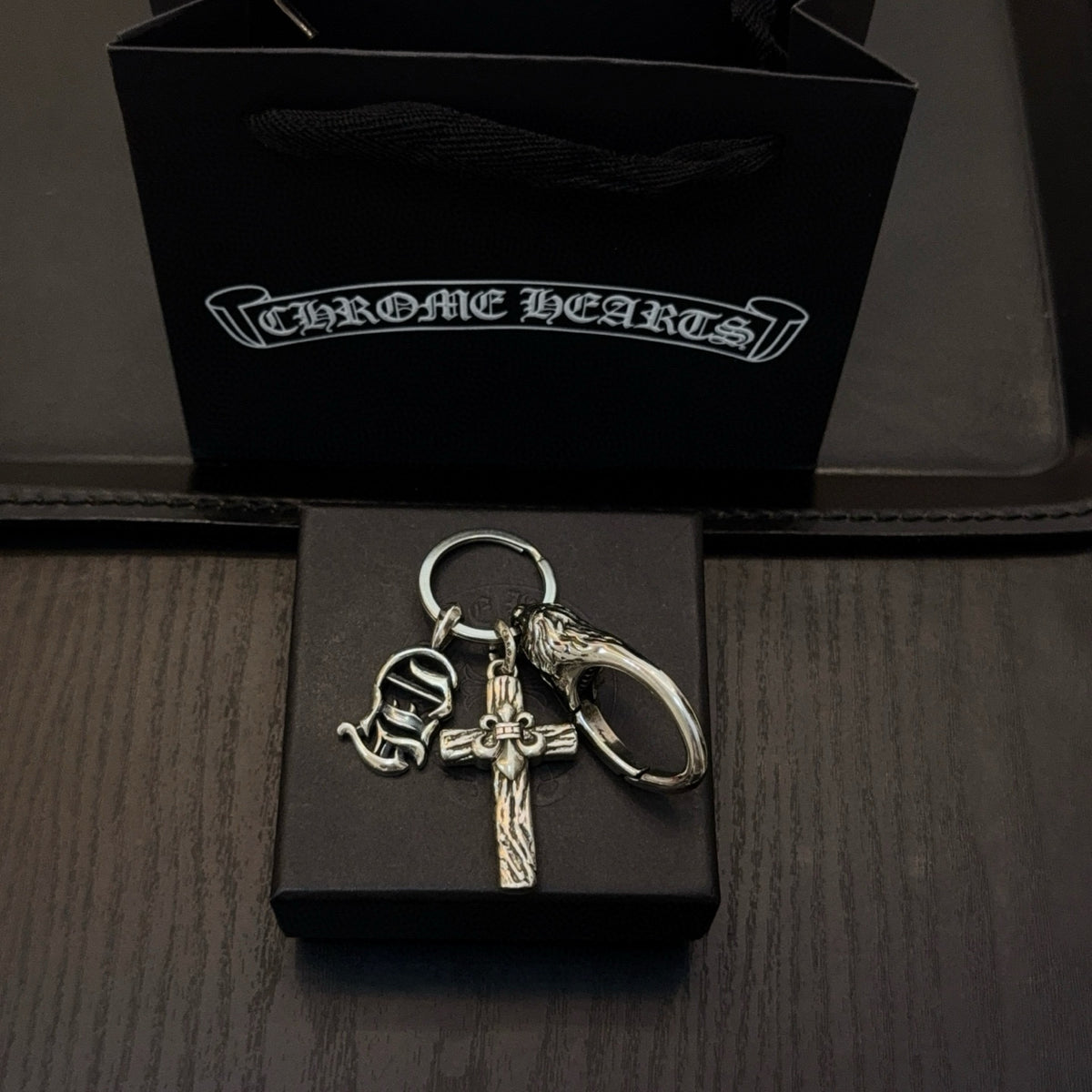 silver cross Keychain for men - alternate angle view 2