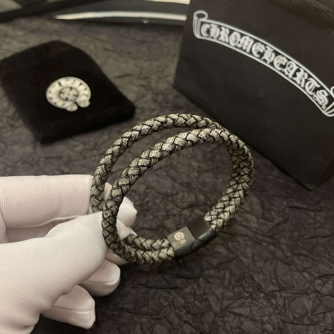 silver leather vintage Bracelet for men - alternate angle view 5