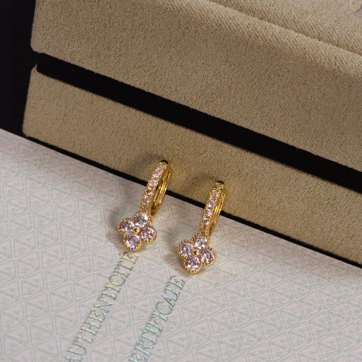 gold crystal clover Stud Earrings for women - product detail view
