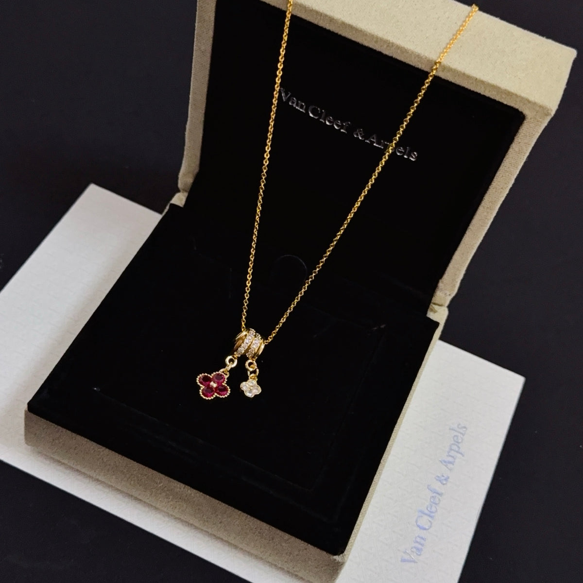 gold crystal clover Necklace for women - alternate angle view 2