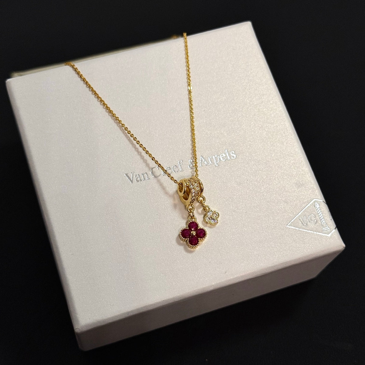 gold crystal clover Necklace for women - alternate angle view 3