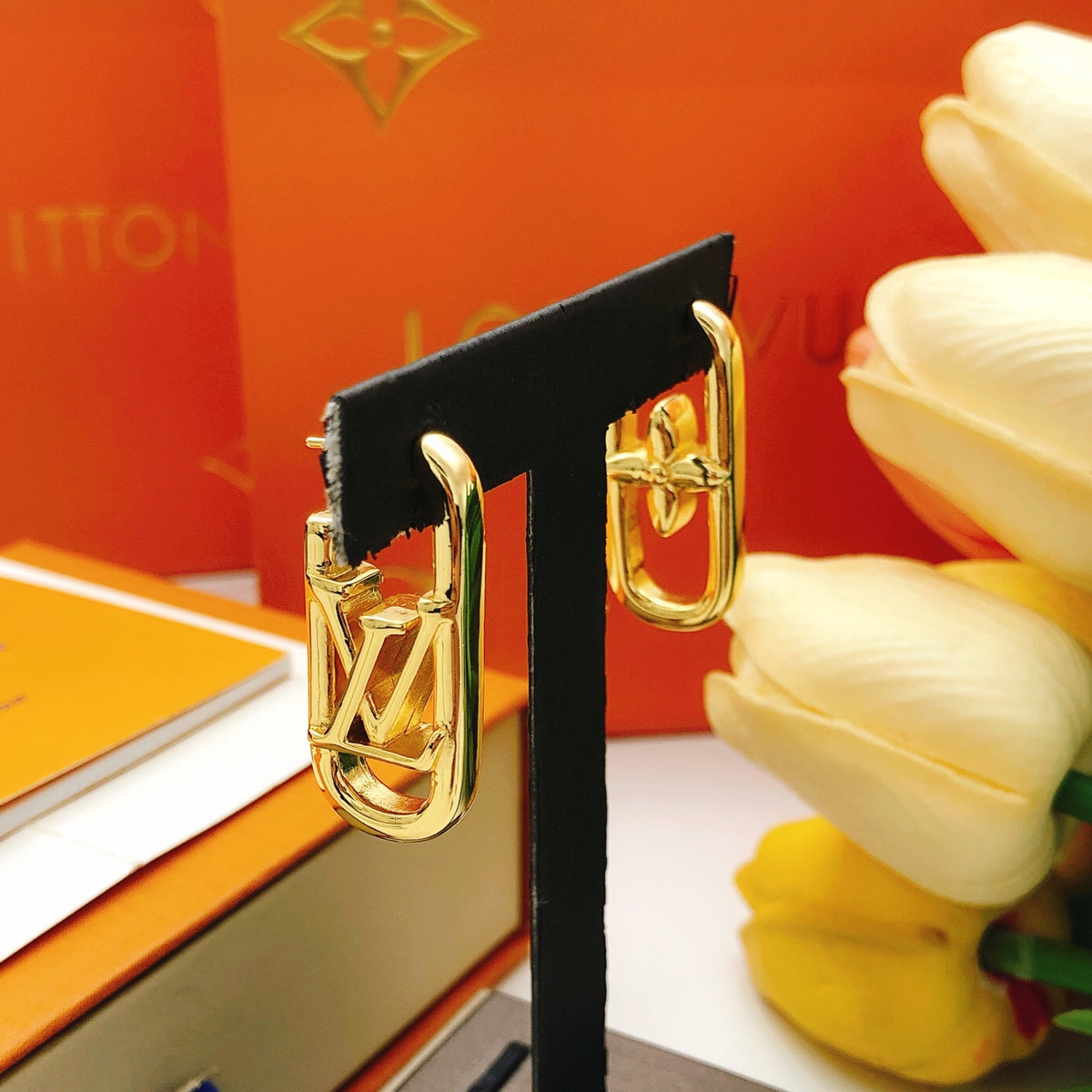 yellow brass Stud Earrings for women - alternate angle view 6