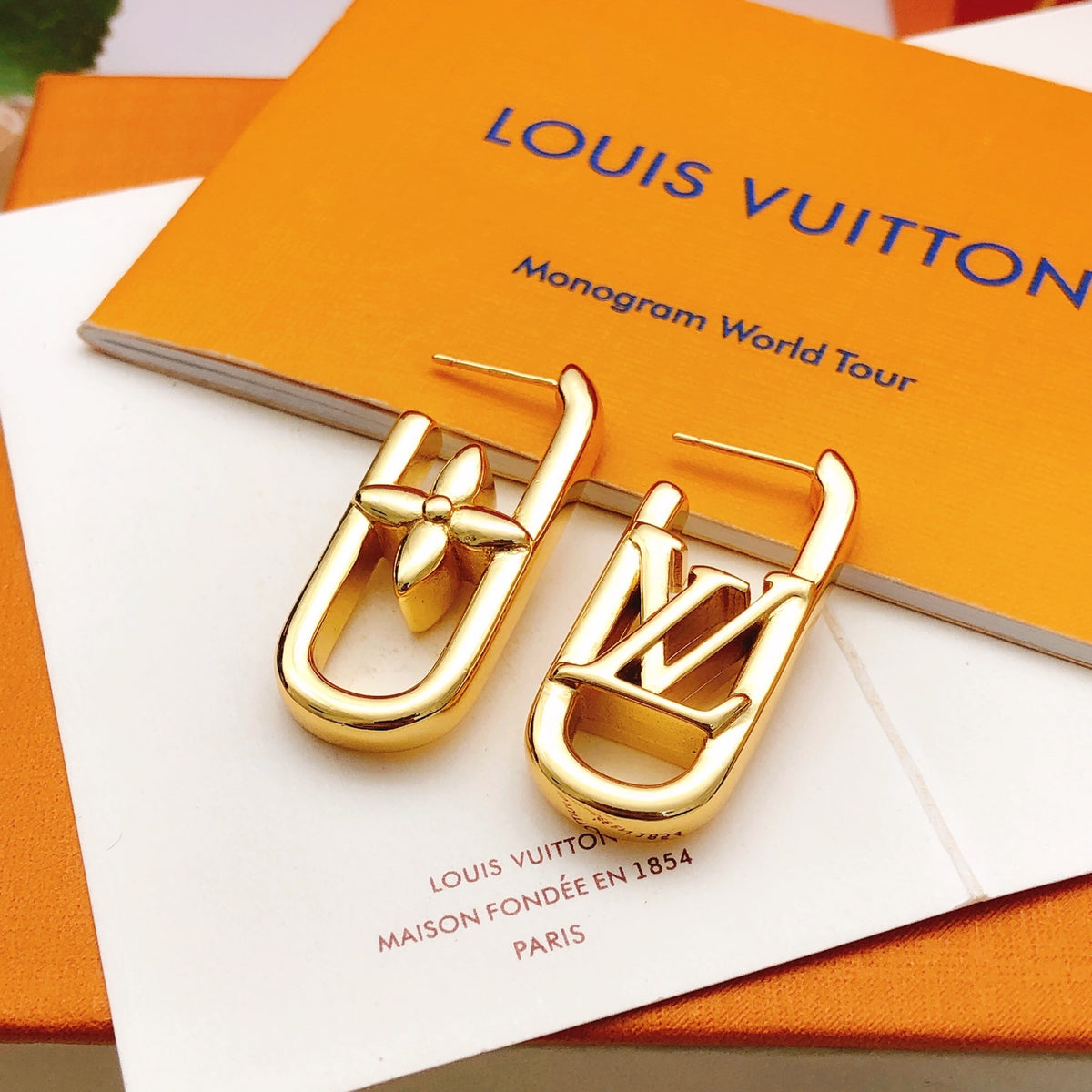 yellow brass Stud Earrings for women - alternate angle view 4