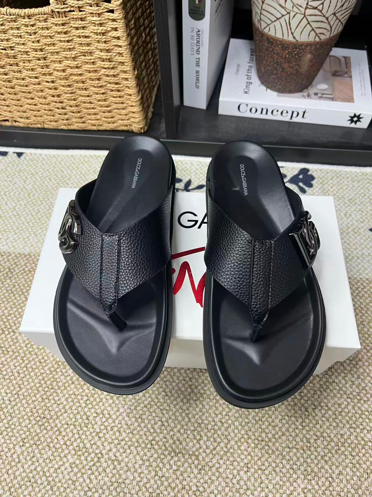 Dolce & Gabbana DG Men's Leather Strap Sandals with Aluminum Buckle