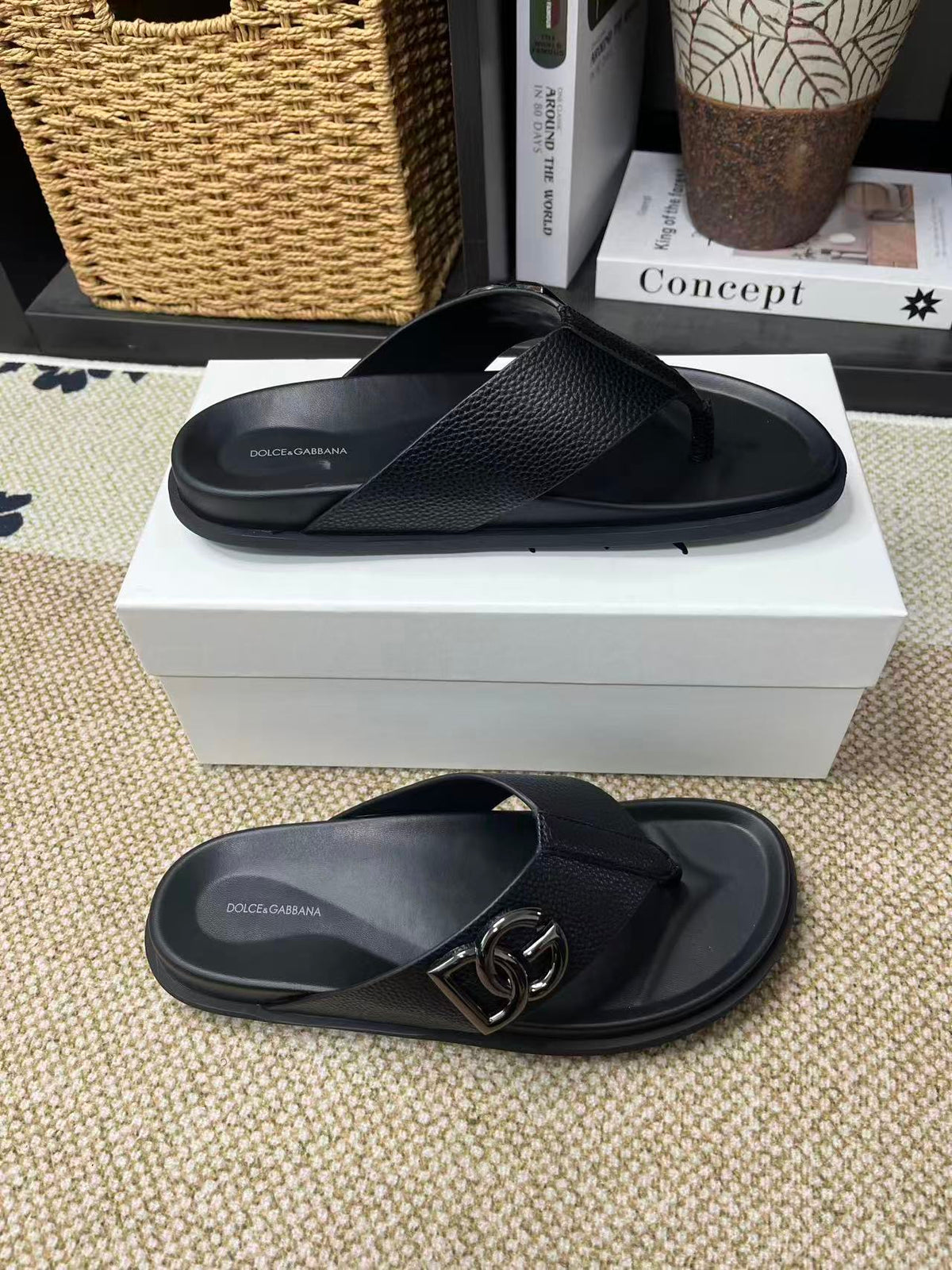 Dolce & Gabbana DG Men's Leather Strap Sandals with Aluminum Buckle
