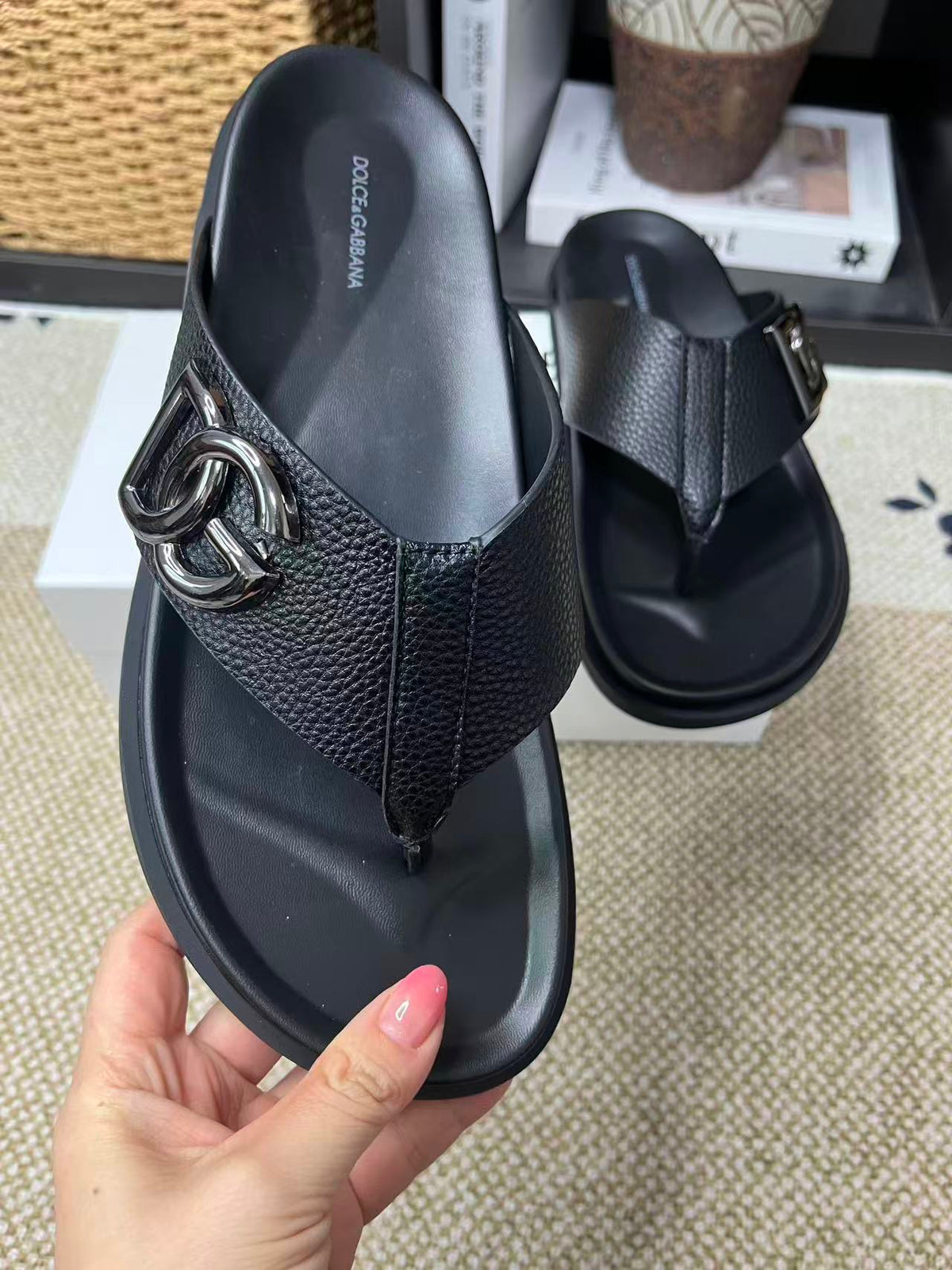 Dolce & Gabbana DG Men's Leather Strap Sandals with Aluminum Buckle