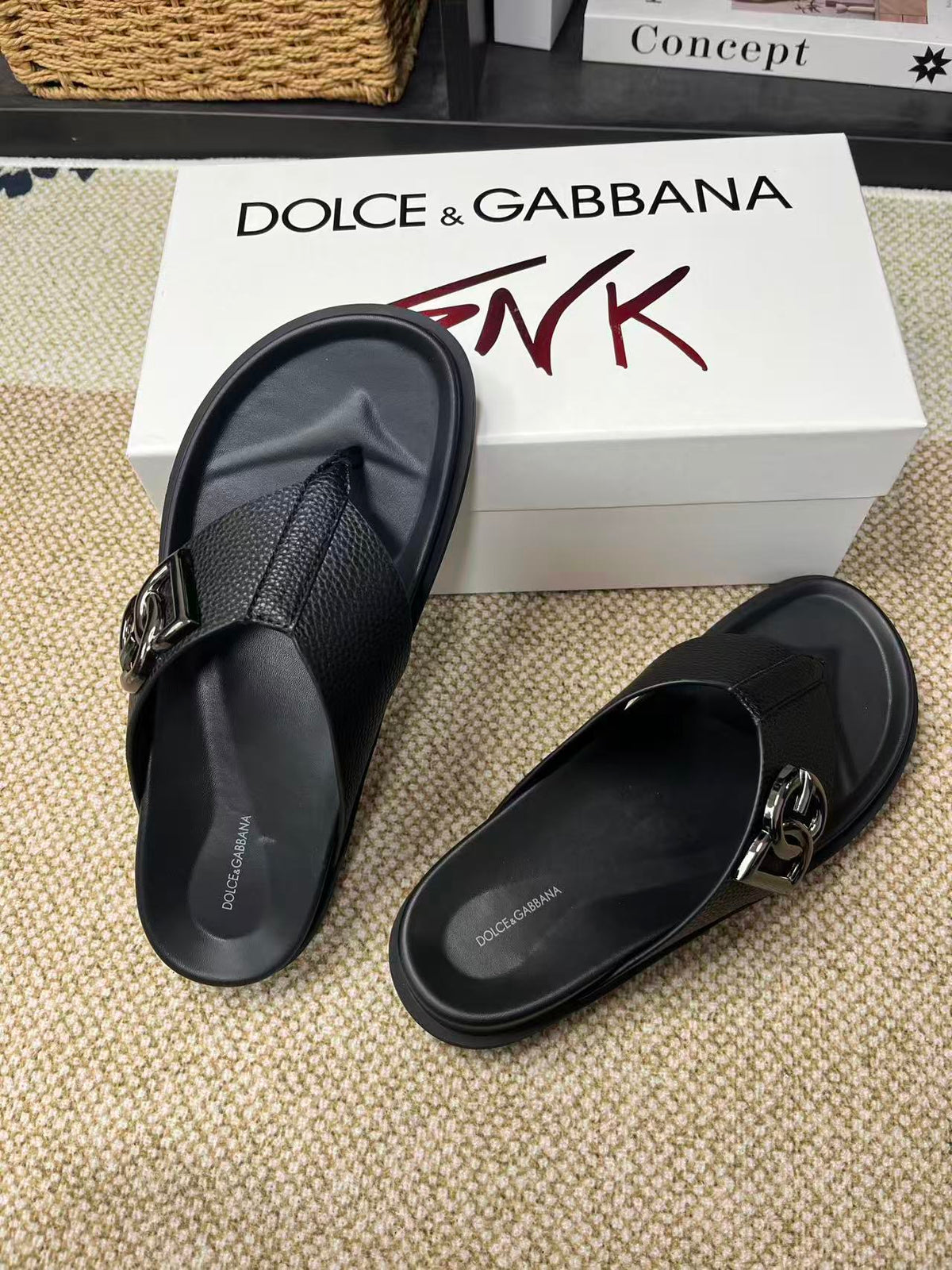 Dolce & Gabbana DG Men's Leather Strap Sandals with Aluminum Buckle