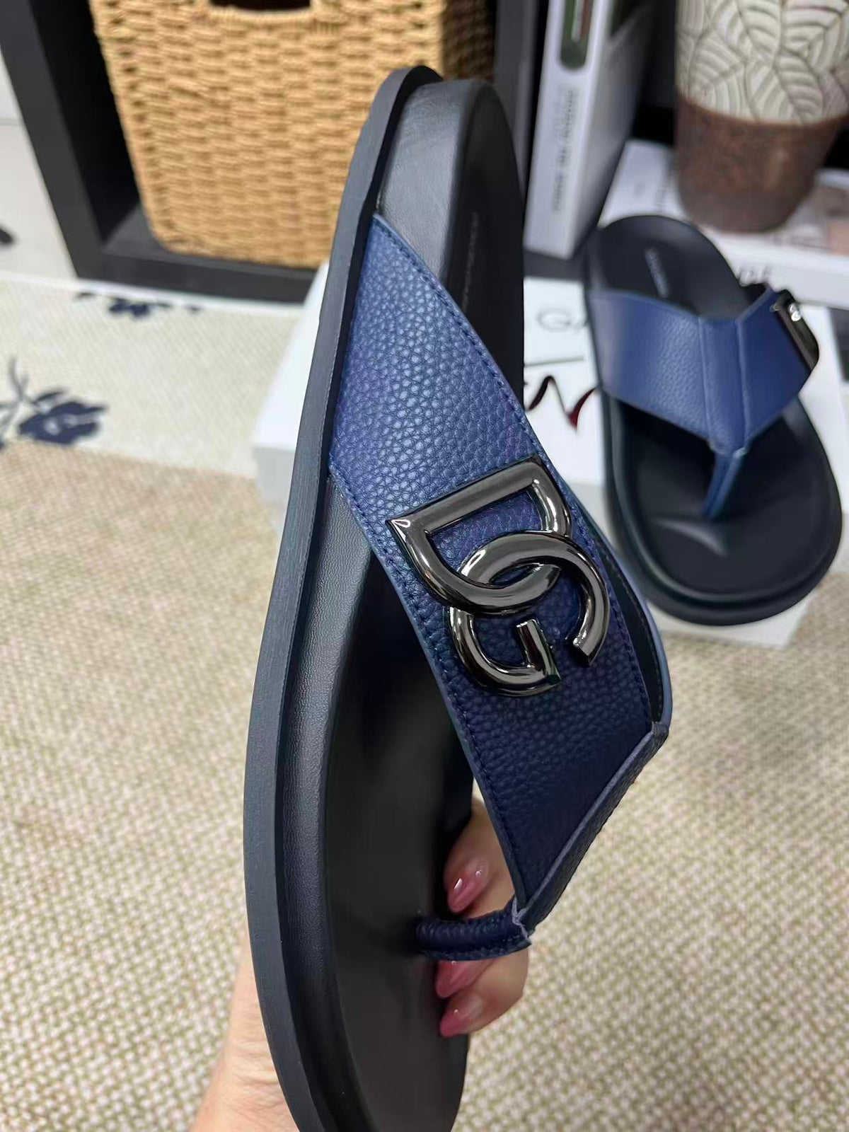 Dolce & Gabbana DG Men's Leather Strap Sandals with Aluminum Buckle