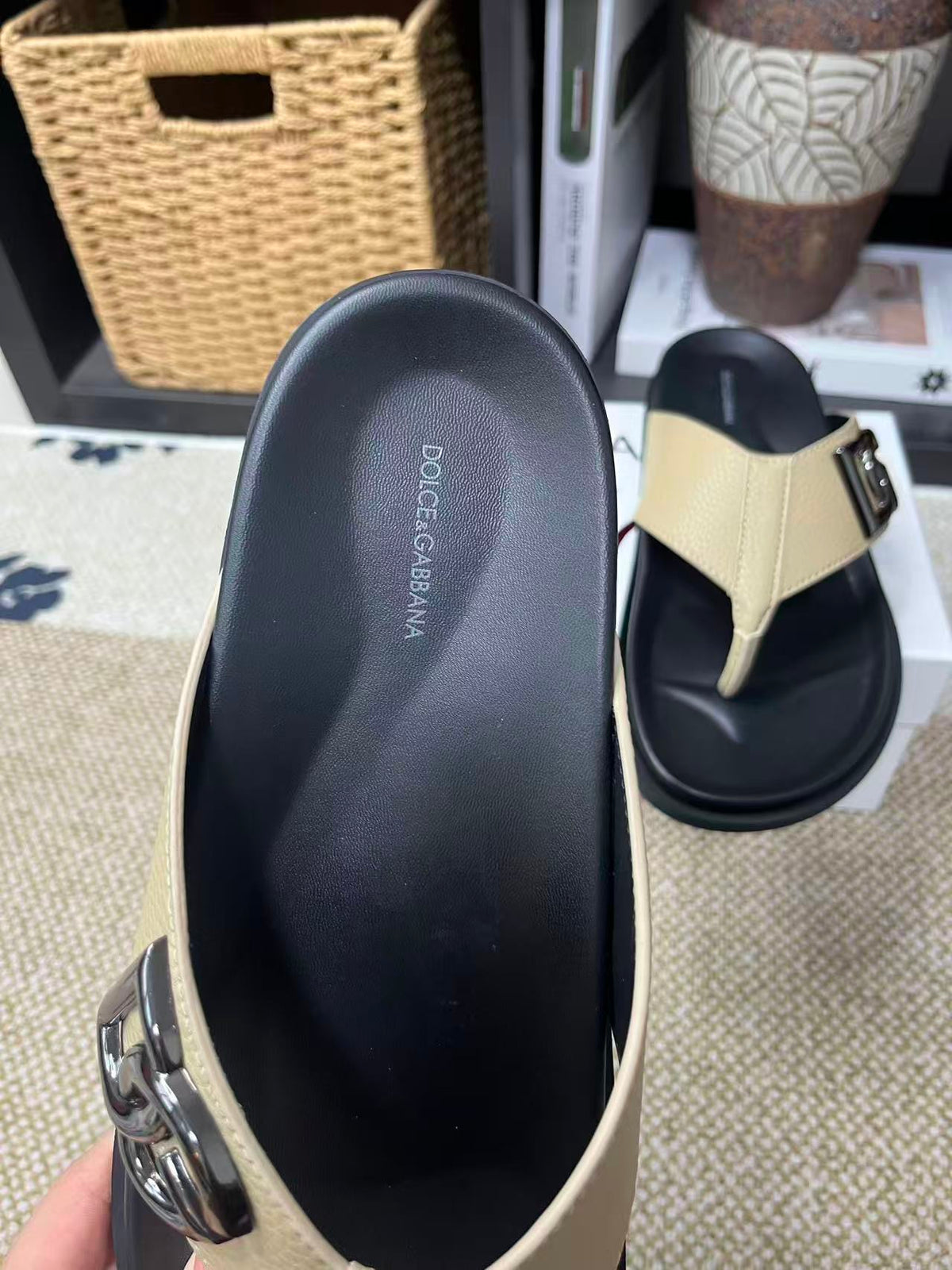 Dolce & Gabbana DG Men's Leather Strap Sandals with Aluminum Buckle