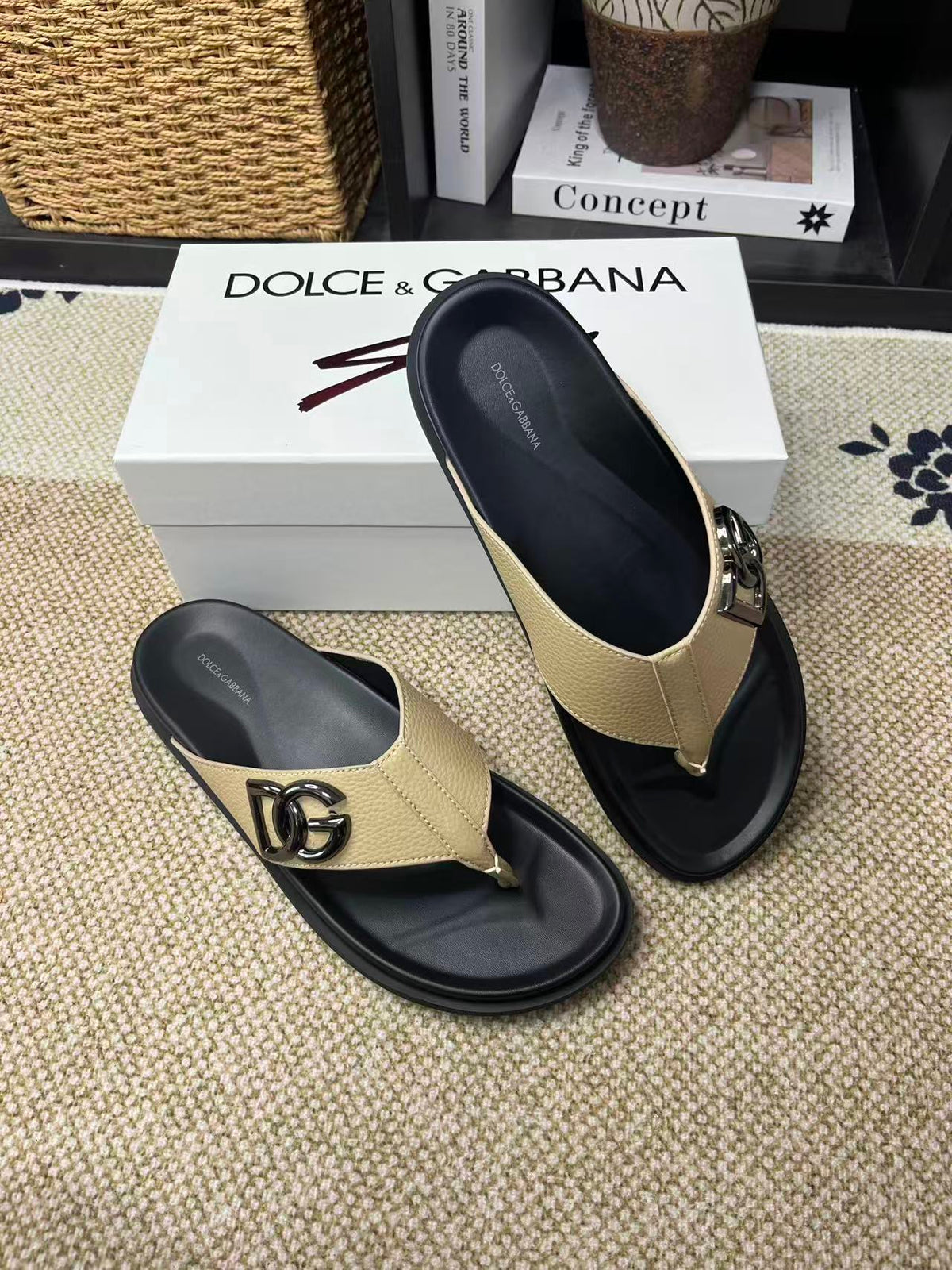 Dolce & Gabbana DG Men's Leather Strap Sandals with Aluminum Buckle