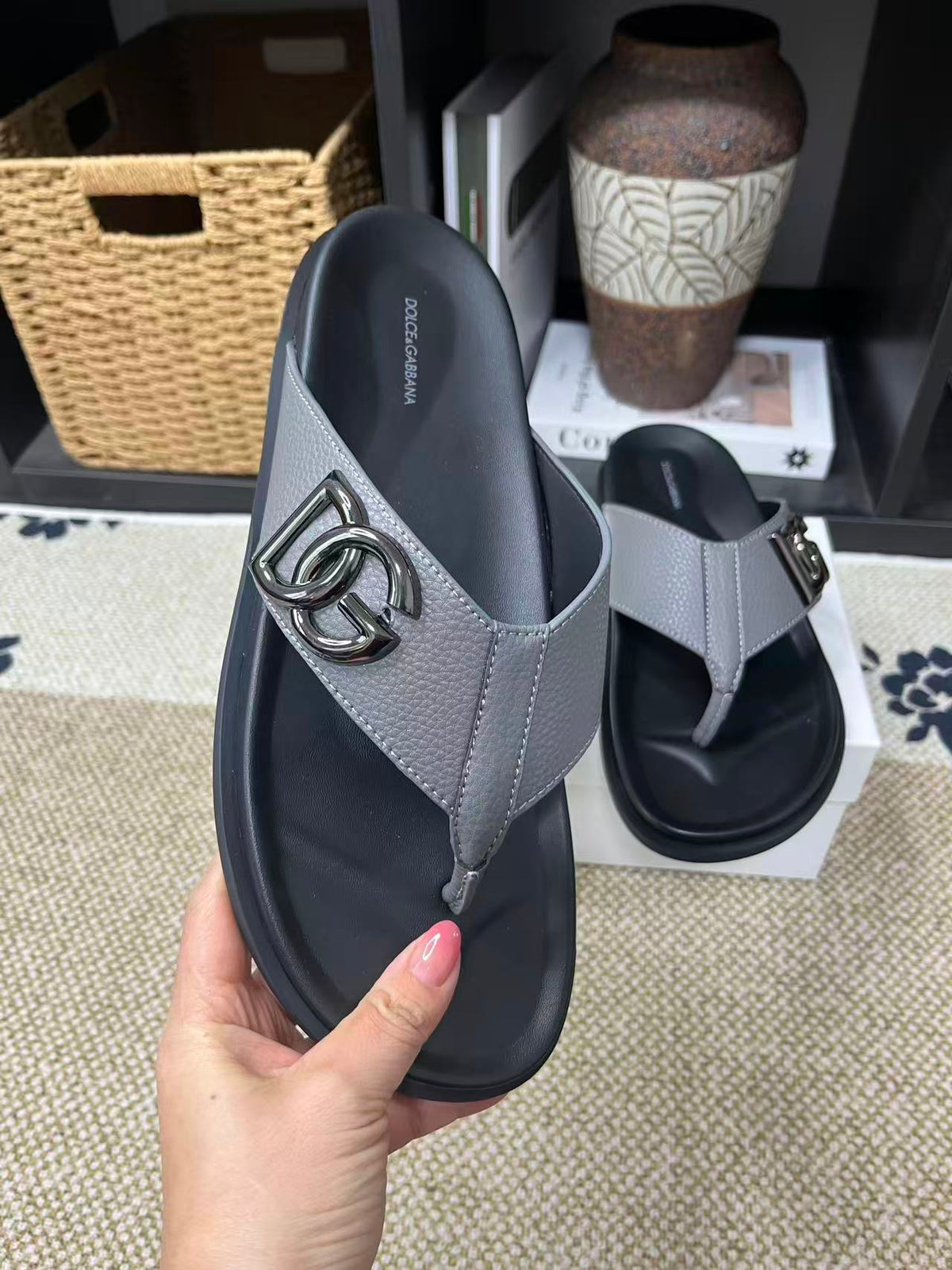 Dolce & Gabbana DG Men's Leather Strap Sandals with Aluminum Buckle