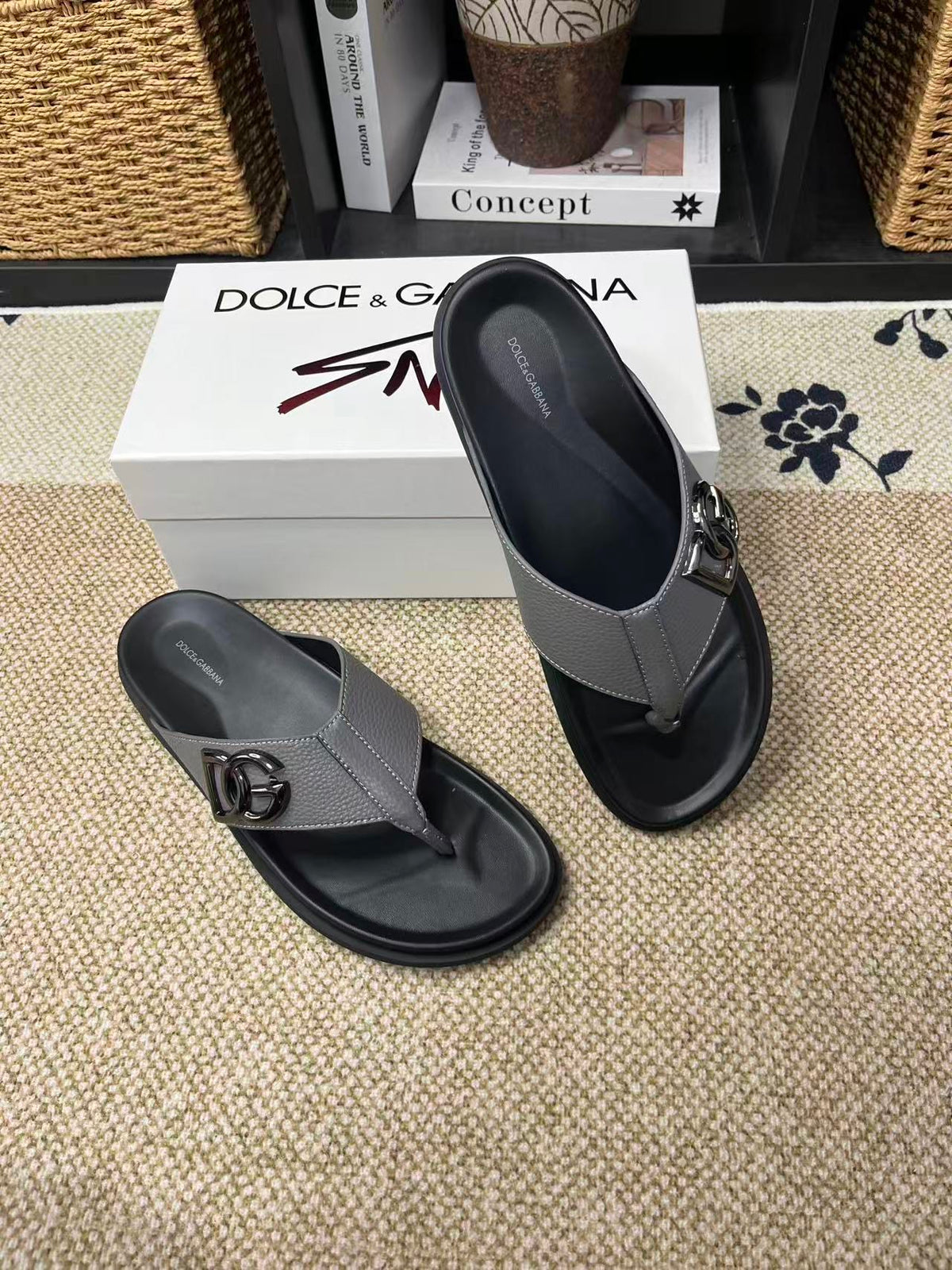 Dolce & Gabbana DG Men's Leather Strap Sandals with Aluminum Buckle