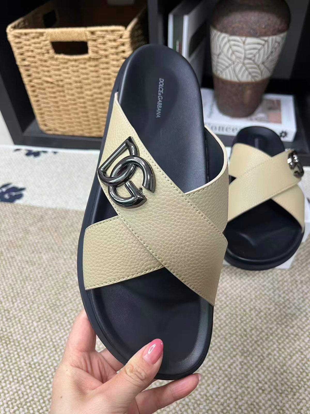 Dolce & Gabbana DG Men's Leather Strap Sandals with Aluminum Buckle