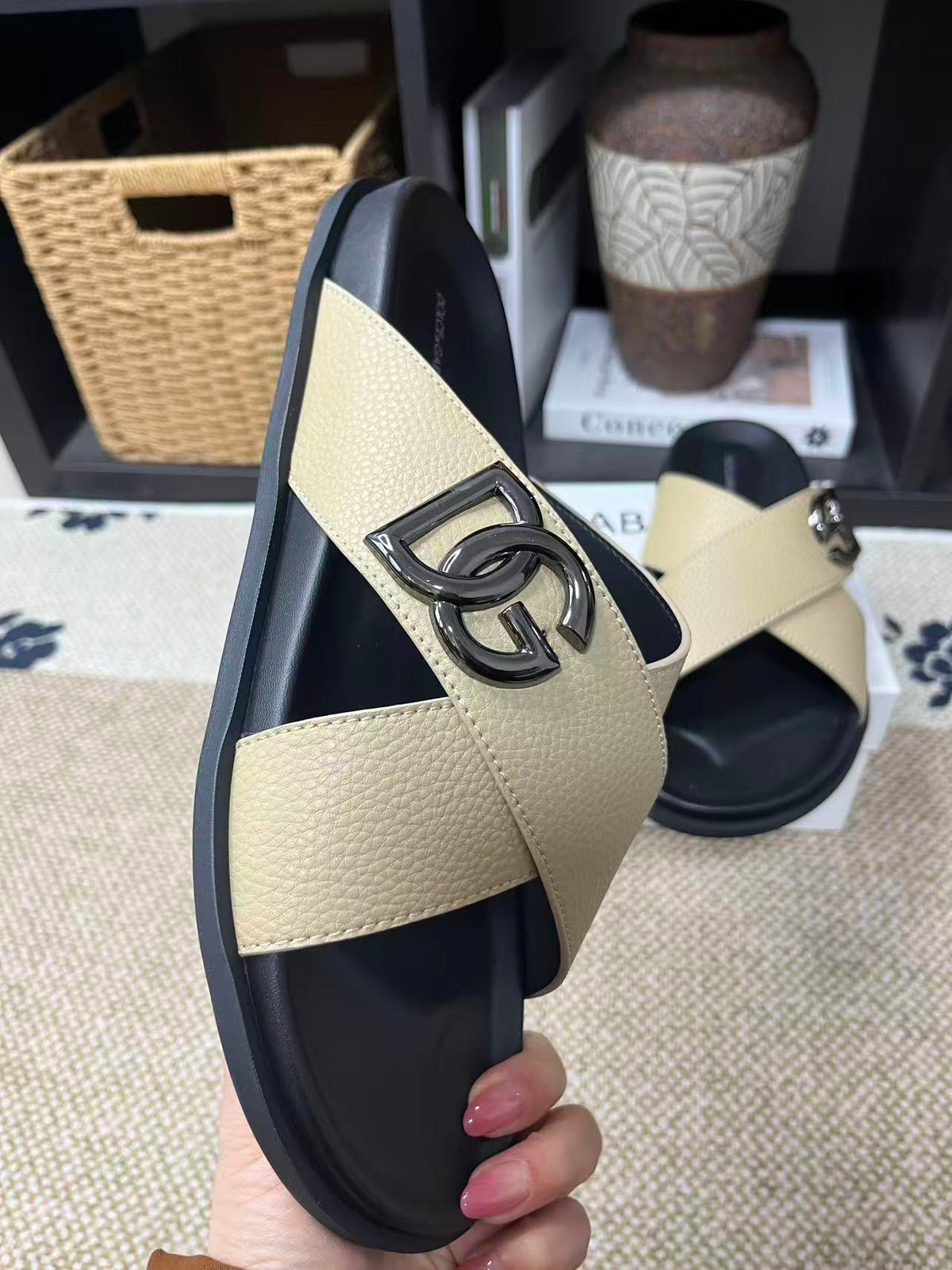 Dolce & Gabbana DG Men's Leather Strap Sandals with Aluminum Buckle