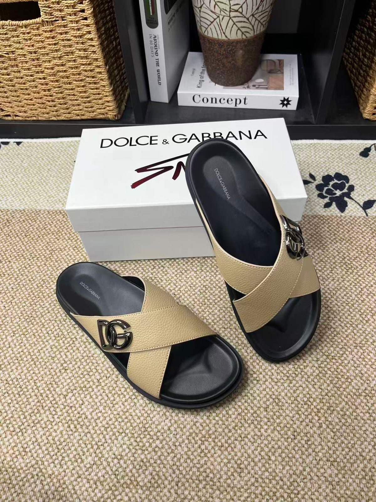 Dolce & Gabbana DG Men's Leather Strap Sandals with Aluminum Buckle