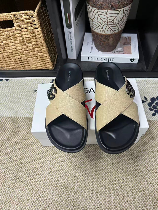 Dolce & Gabbana DG Men's Leather Strap Sandals with Aluminum Buckle