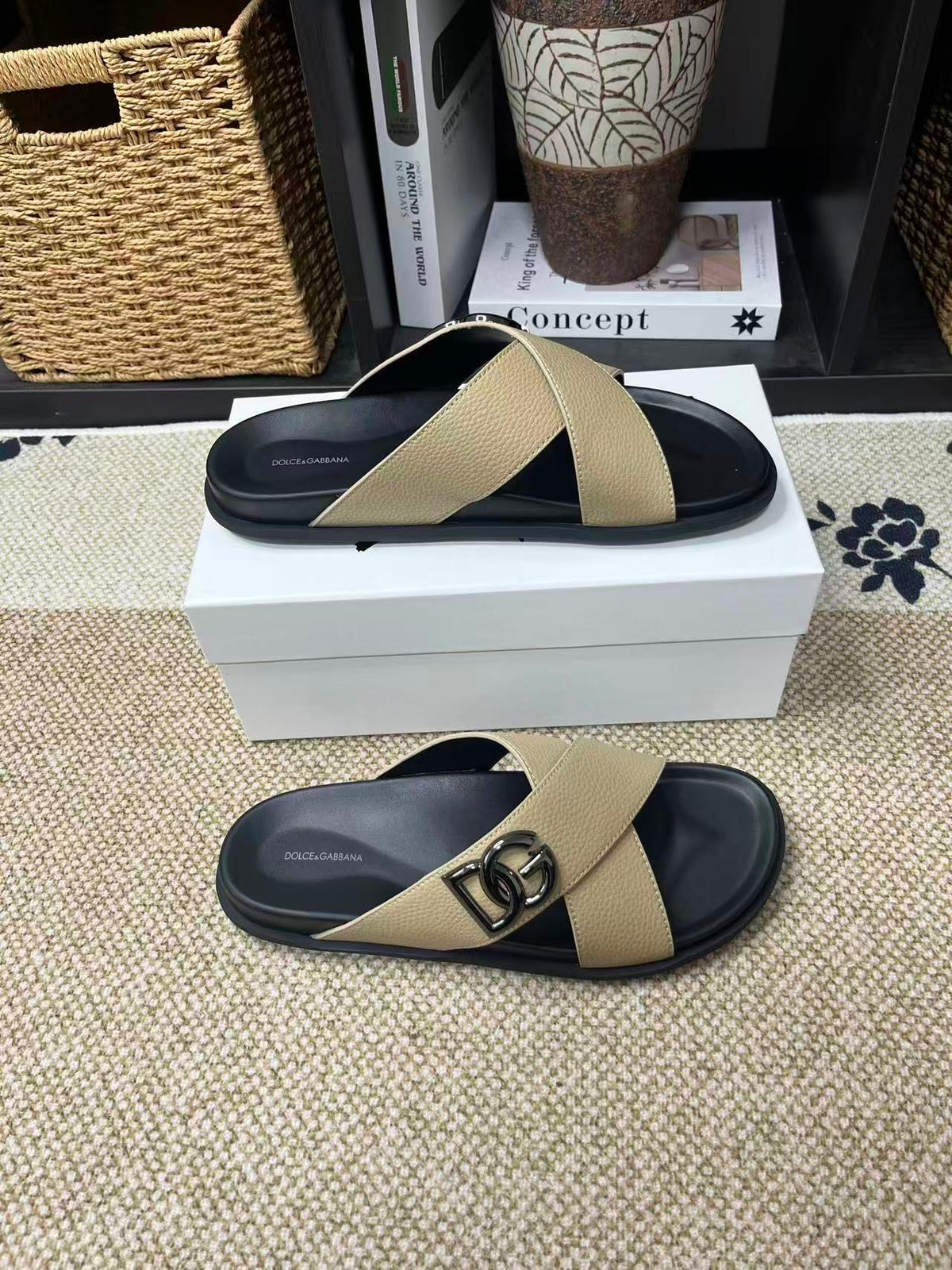 Dolce & Gabbana DG Men's Leather Strap Sandals with Aluminum Buckle