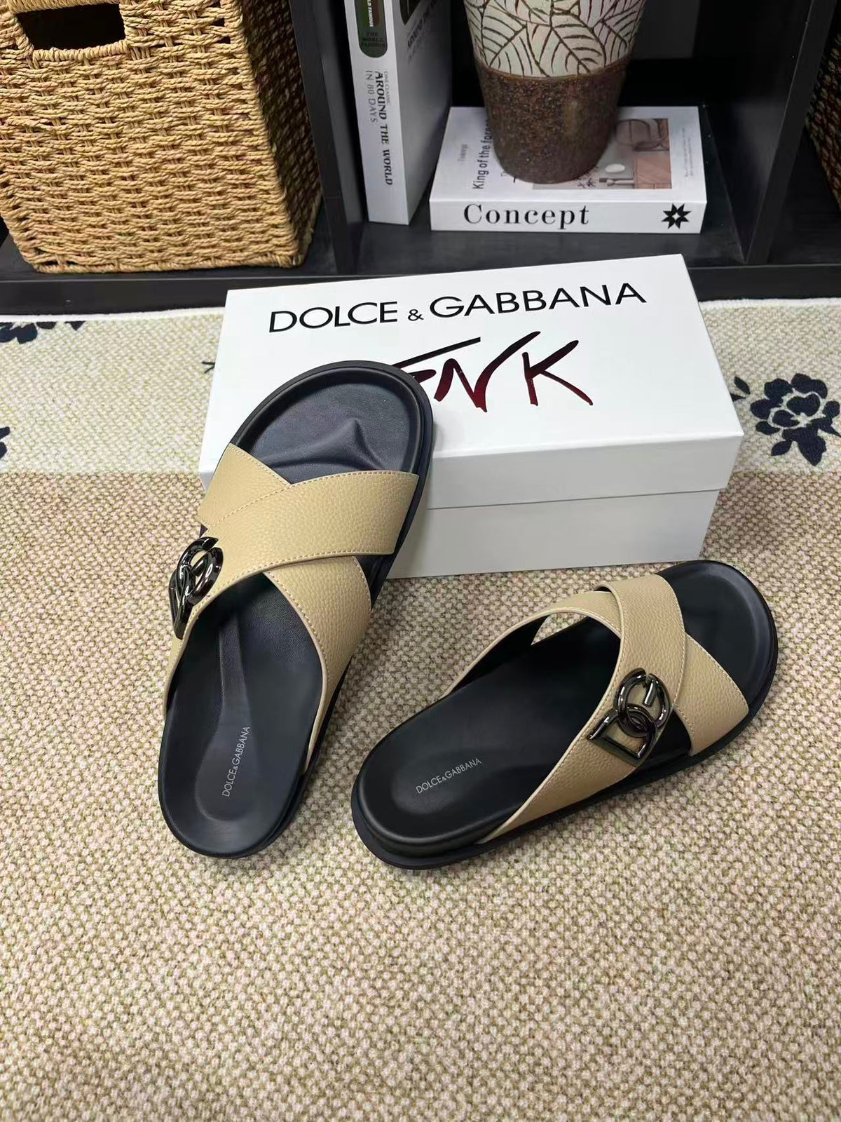 Dolce & Gabbana DG Men's Leather Strap Sandals with Aluminum Buckle