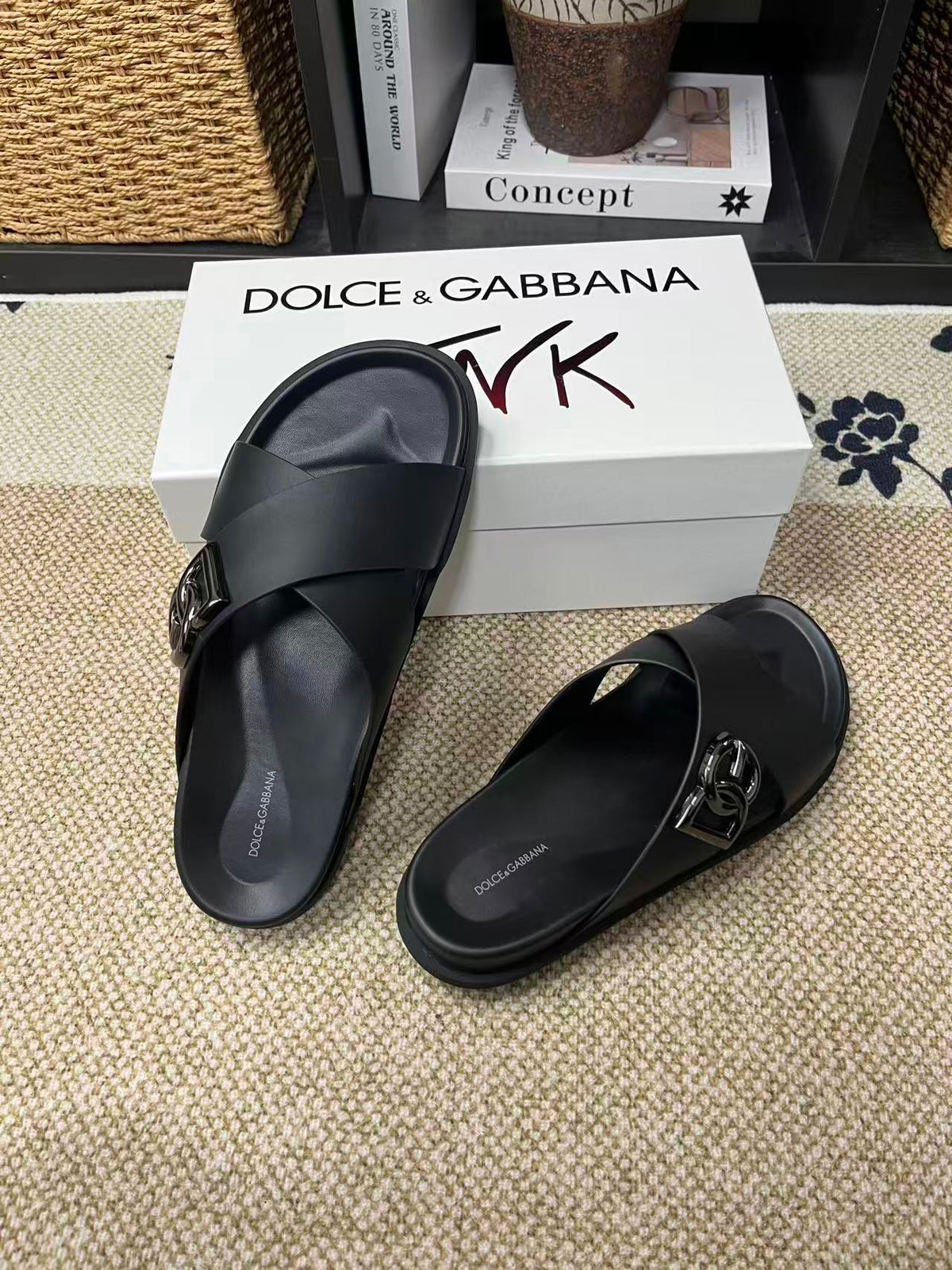 Dolce & Gabbana DG Men's Leather Strap Sandals with Aluminum Buckle
