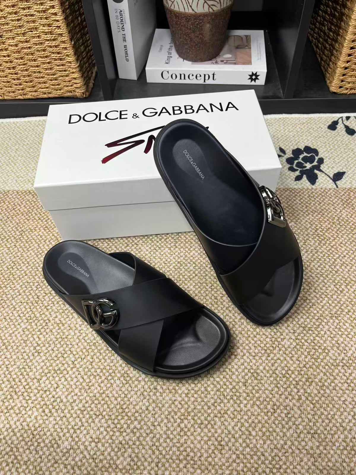 Dolce & Gabbana DG Men's Leather Strap Sandals with Aluminum Buckle