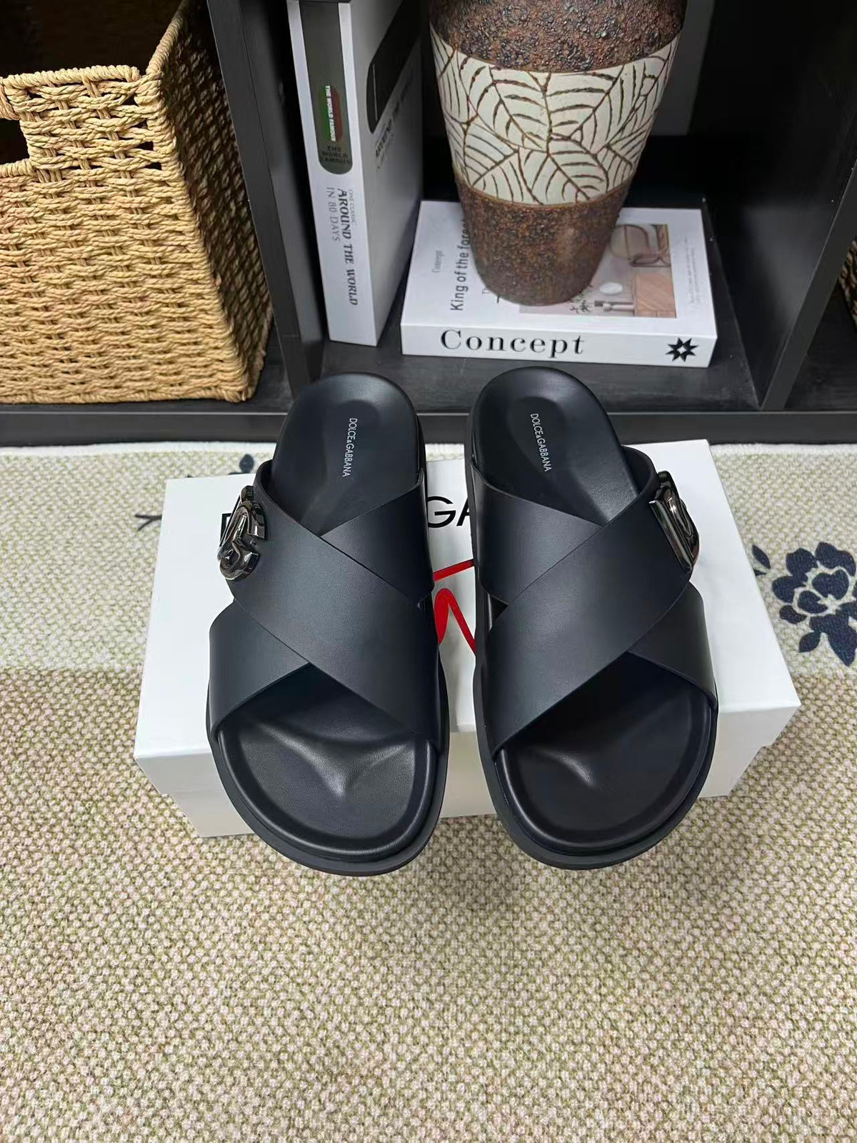 Dolce & Gabbana DG Men's Leather Strap Sandals with Aluminum Buckle