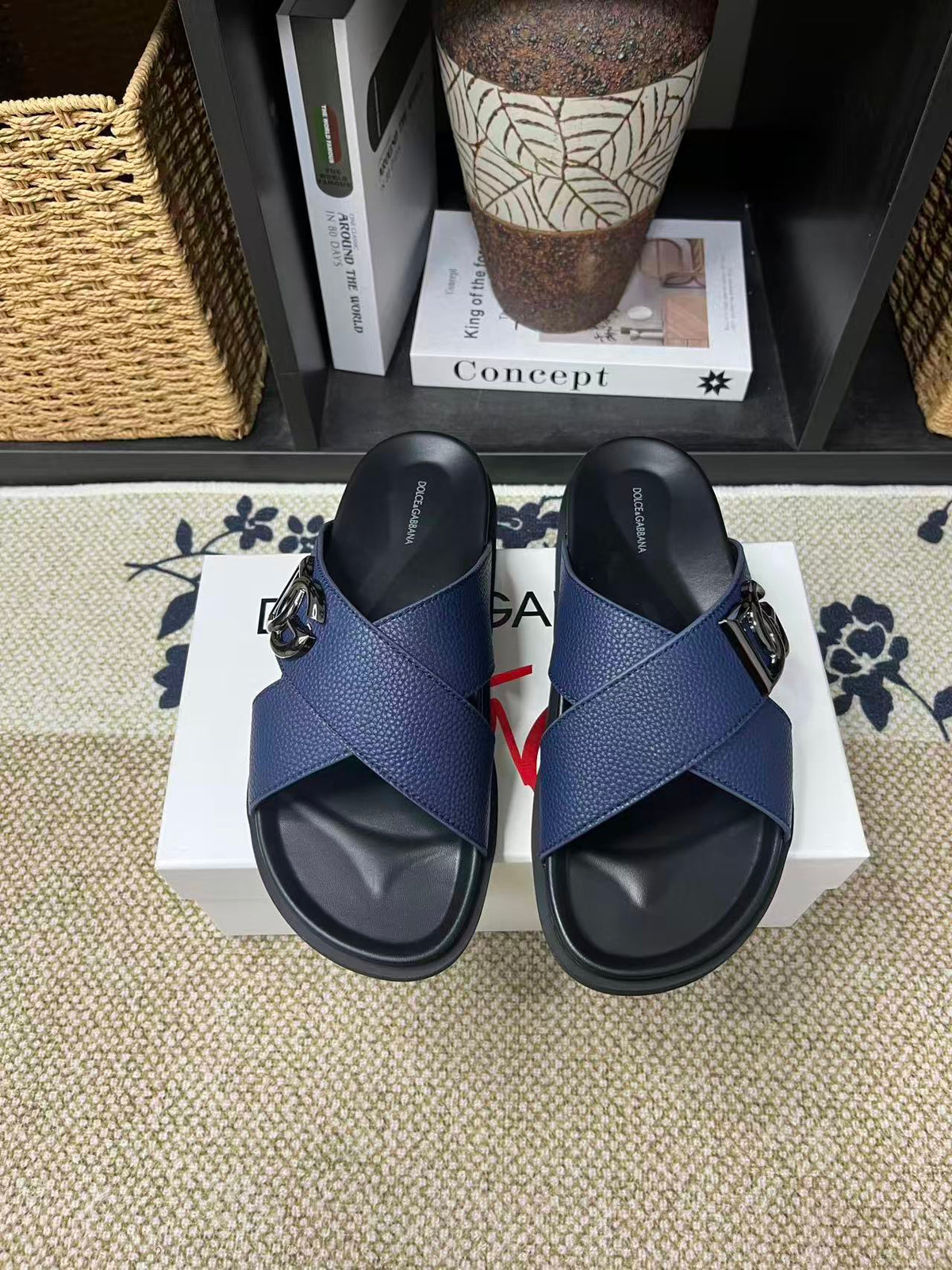 Dolce & Gabbana DG Men's Leather Strap Sandals with Aluminum Buckle
