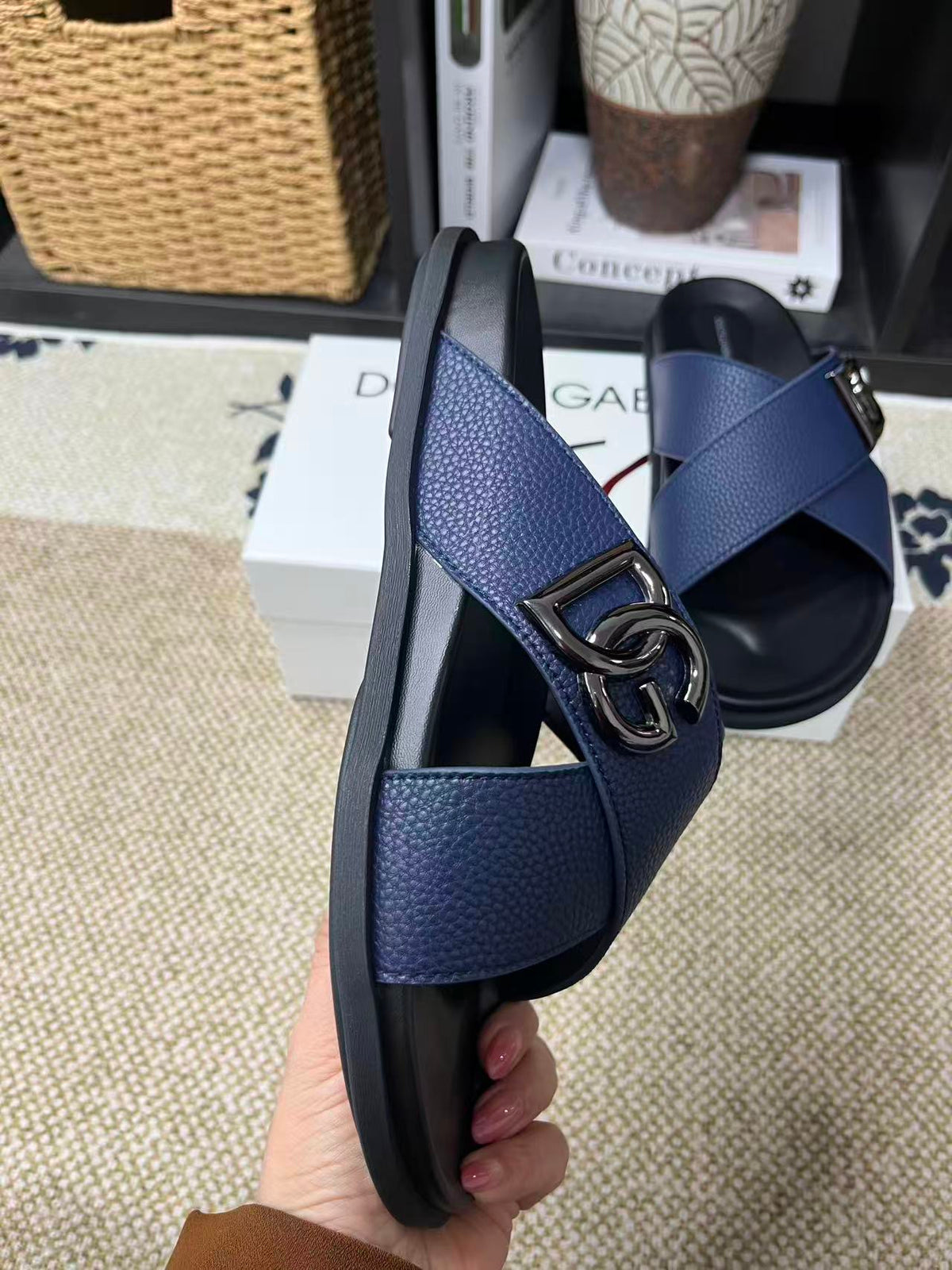 Dolce & Gabbana DG Men's Leather Strap Sandals with Aluminum Buckle