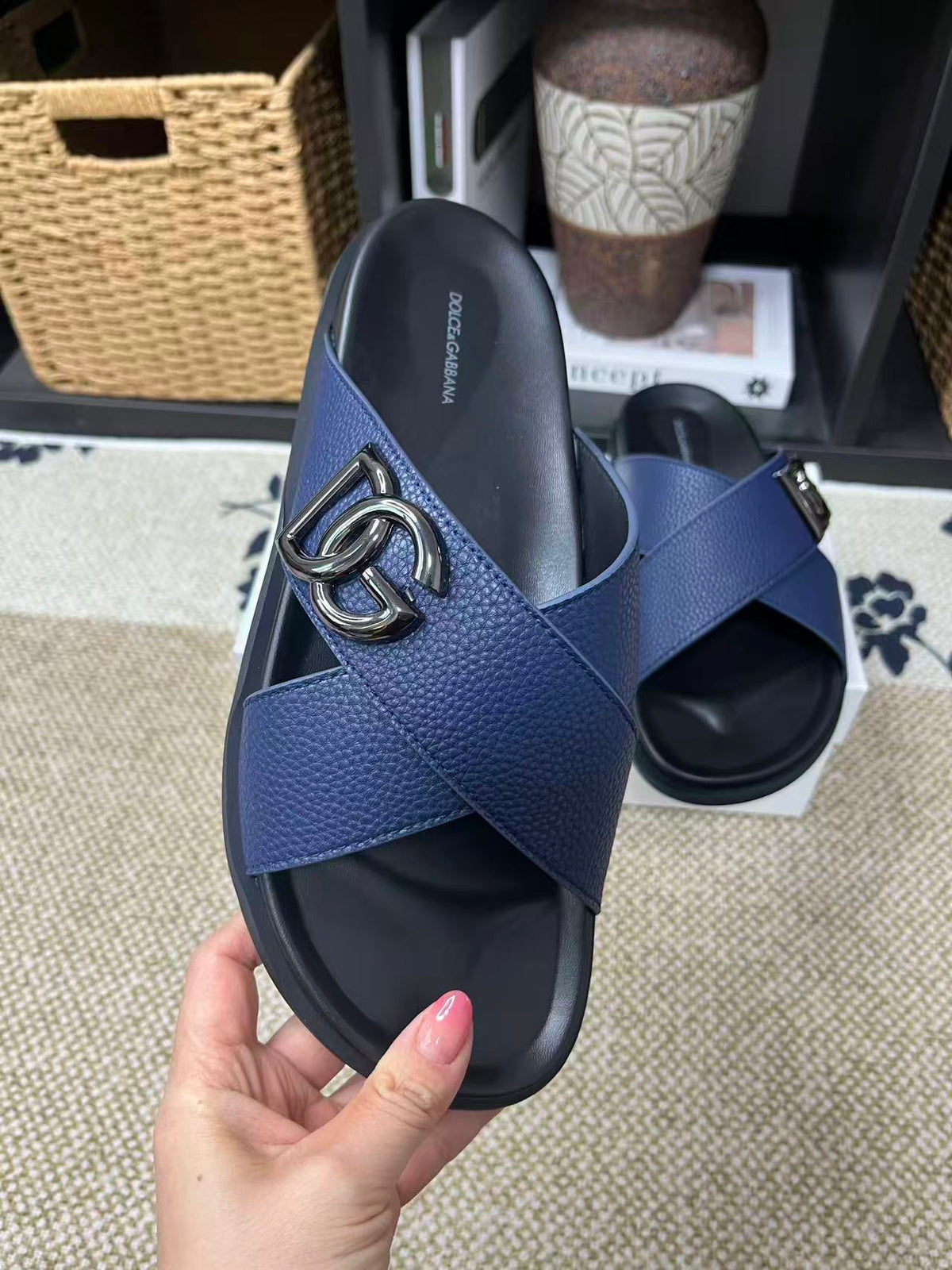 Dolce & Gabbana DG Men's Leather Strap Sandals with Aluminum Buckle