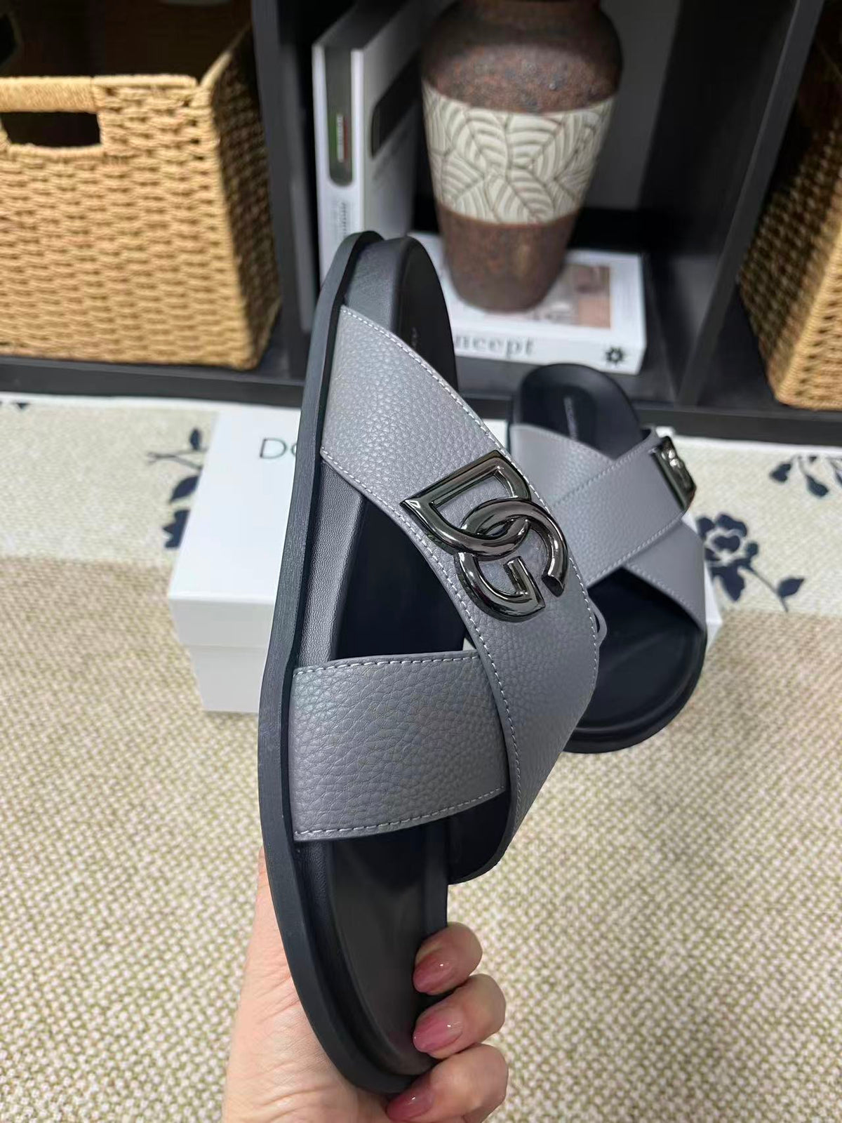 Dolce & Gabbana DG Men's Leather Strap Sandals with Aluminum Buckle