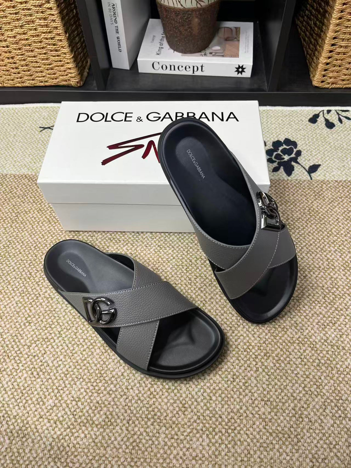 Dolce & Gabbana DG Men's Leather Strap Sandals with Aluminum Buckle