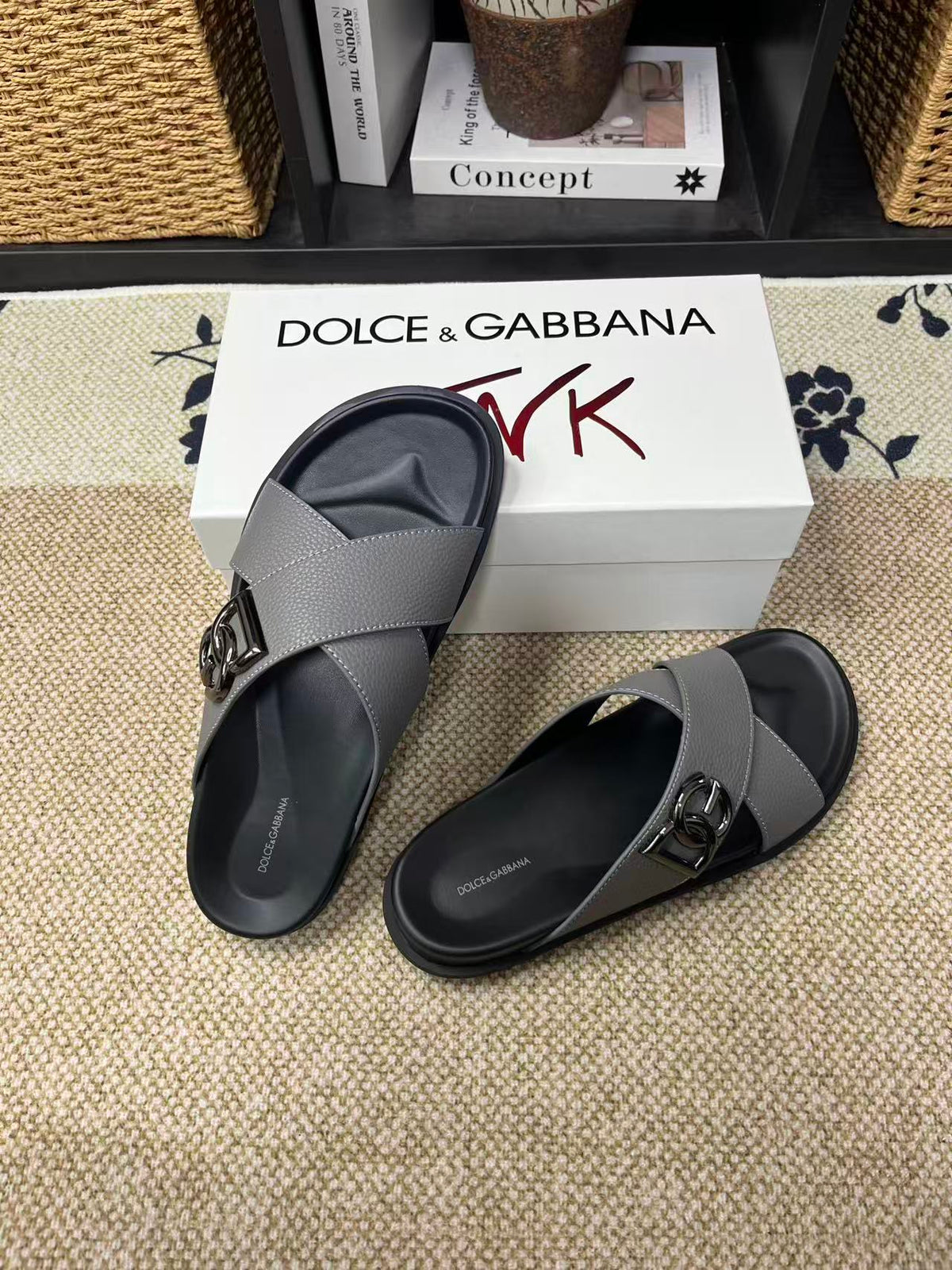 Dolce & Gabbana DG Men's Leather Strap Sandals with Aluminum Buckle
