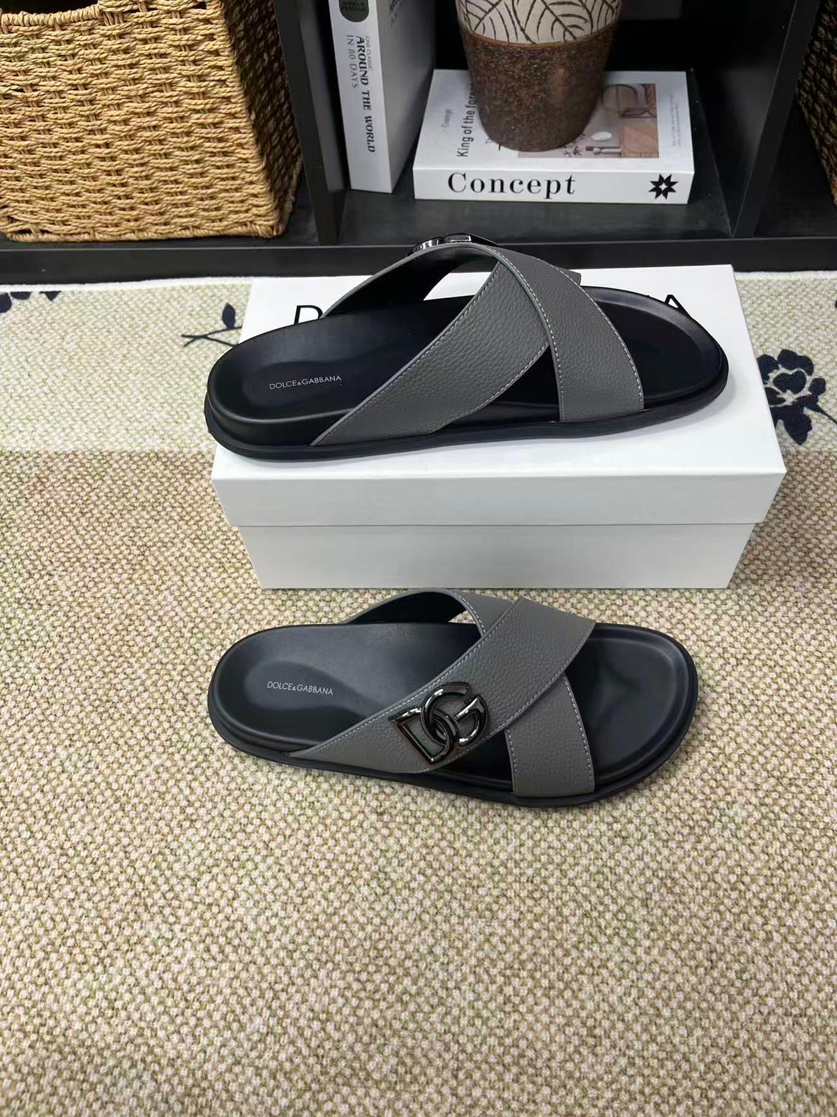 Dolce & Gabbana DG Men's Leather Strap Sandals with Aluminum Buckle