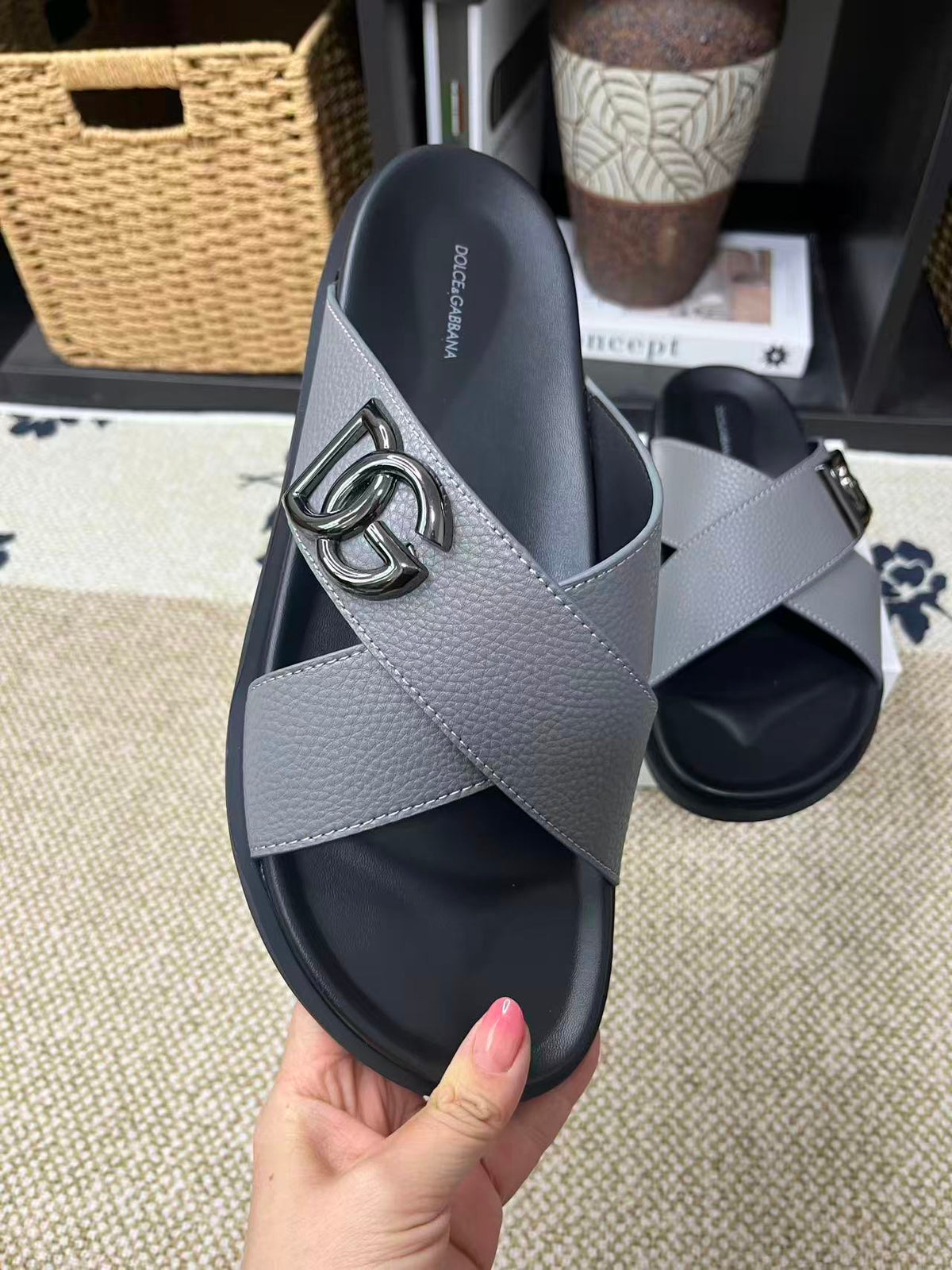 Dolce & Gabbana DG Men's Leather Strap Sandals with Aluminum Buckle