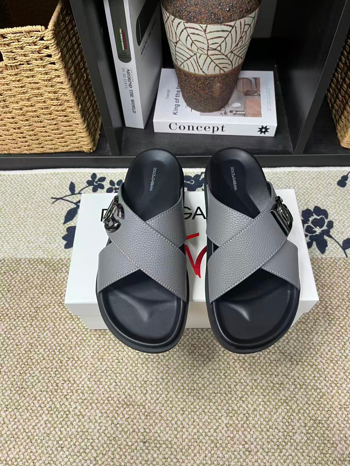 Dolce & Gabbana DG Men's Leather Strap Sandals with Aluminum Buckle