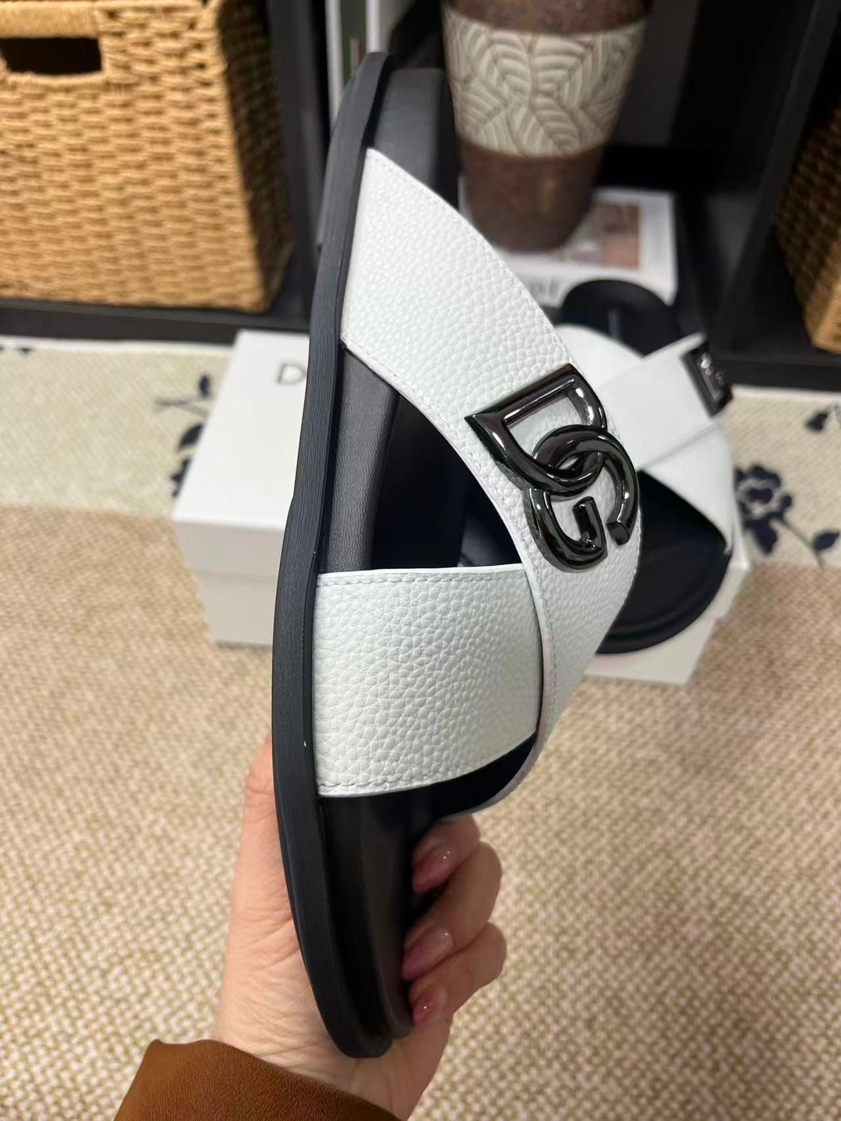 Dolce & Gabbana DG Men's Leather Strap Sandals with Aluminum Buckle