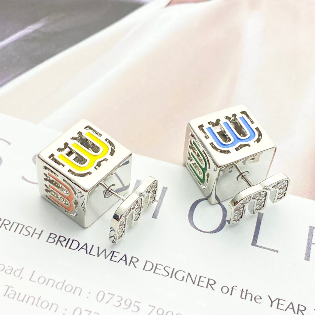 silver crystal letter Stud Earrings for women - alternate angle view 3