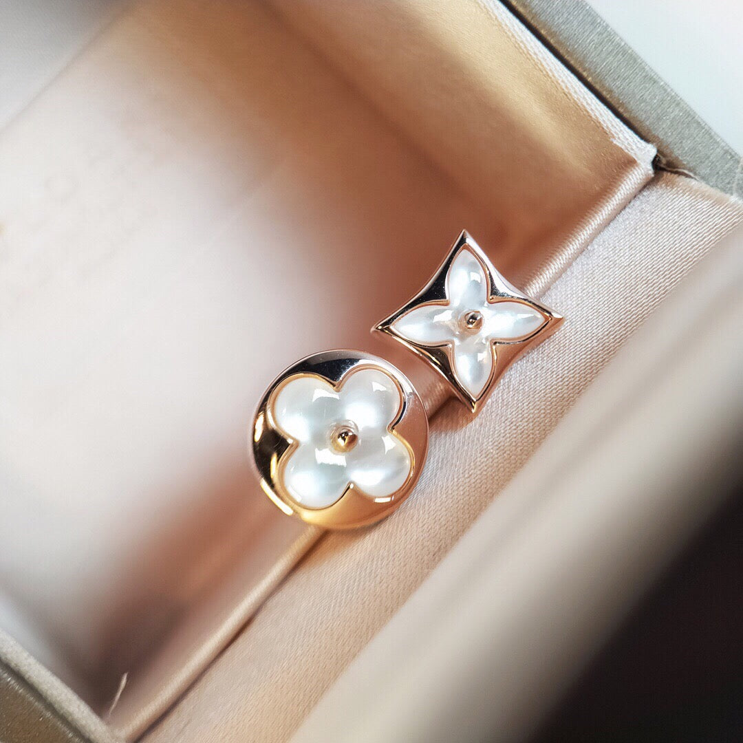 white shell floral Stud Earrings for unisex couple - alternate angle view 3