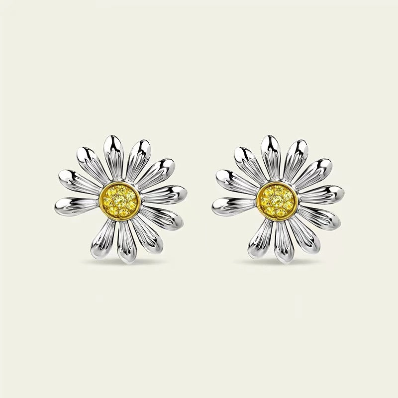 two-tone sterling silver floral Stud Earrings for women - alternate angle view 2
