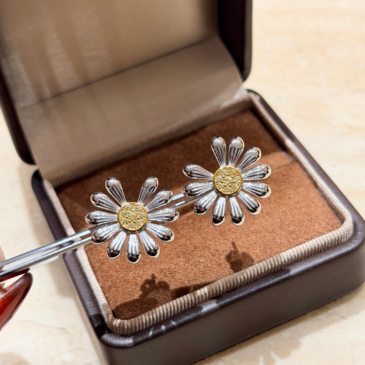 two-tone sterling silver floral Stud Earrings for women - alternate angle view 4