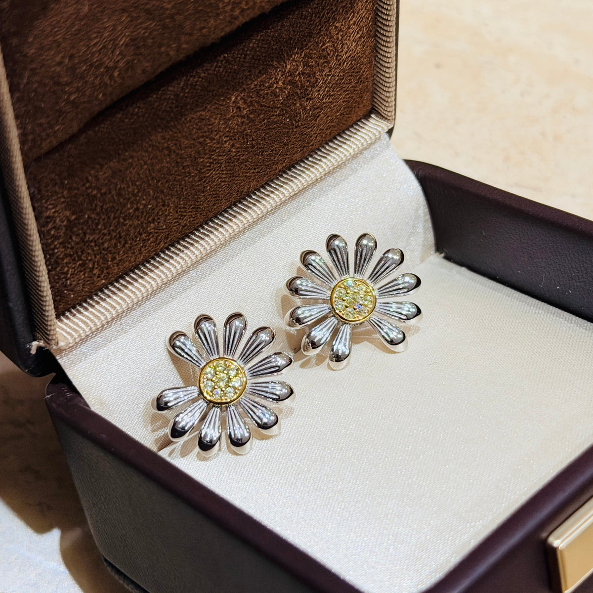 two-tone sterling silver floral Stud Earrings for women - alternate angle view 9