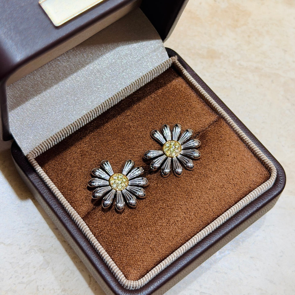 two-tone sterling silver floral Stud Earrings for women - product detail view